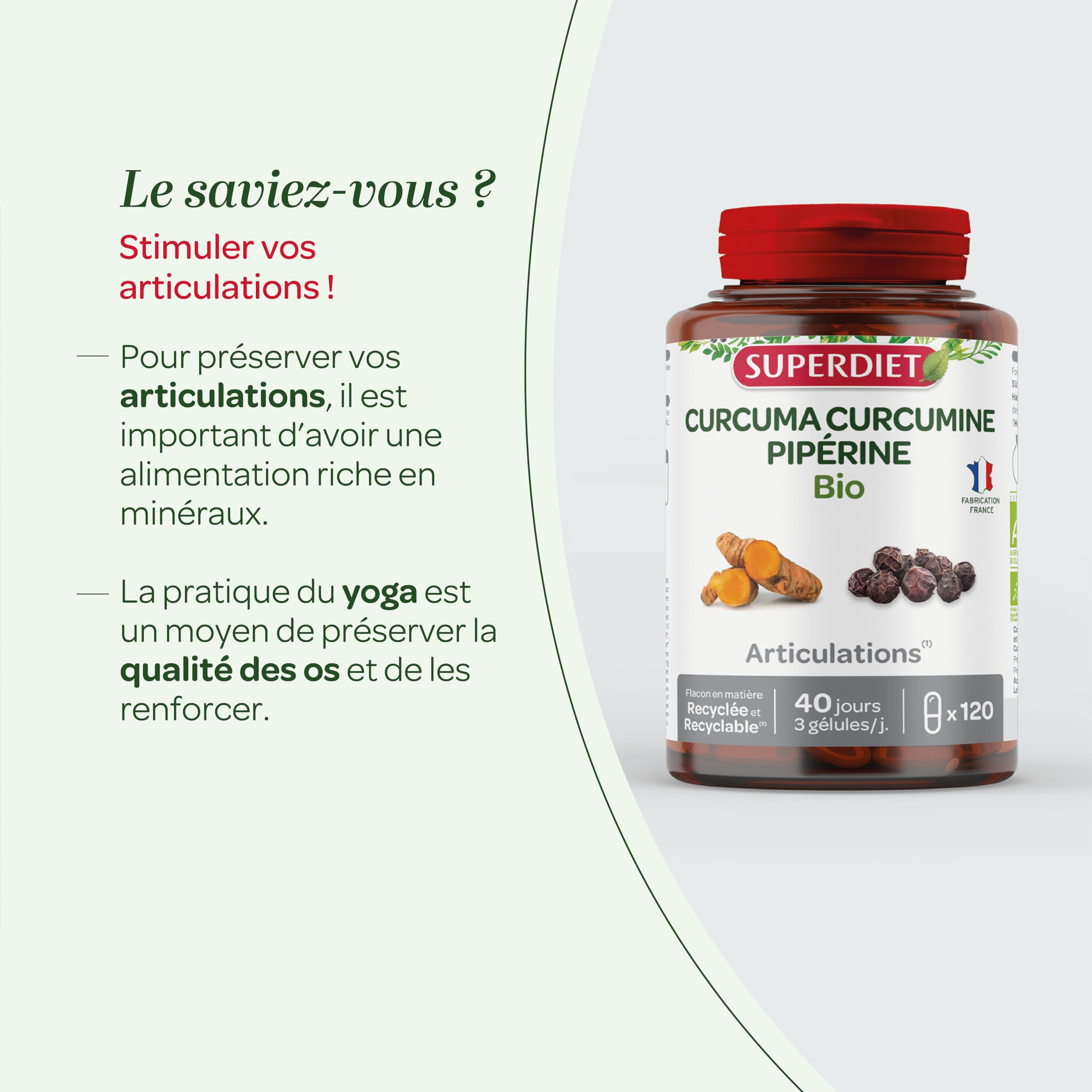 SUPERDIET - CURCUMA PIPÉRINE BIO - Articulations - Fabrication française - 120 gélules