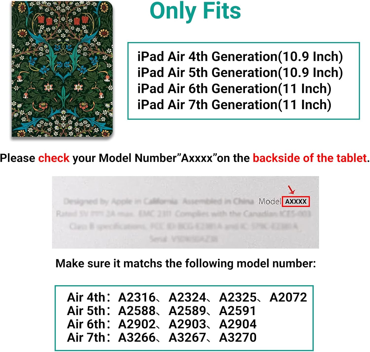 Compatible with iPad Case iPad Air 7th/6th 11" 2025/ iPad Air 5th/4th Gen 10.9" - Cute Slim PU Leather Cover - with Pencil Holder - Green Flower Bloom Botanical William Morris Blackthorn
