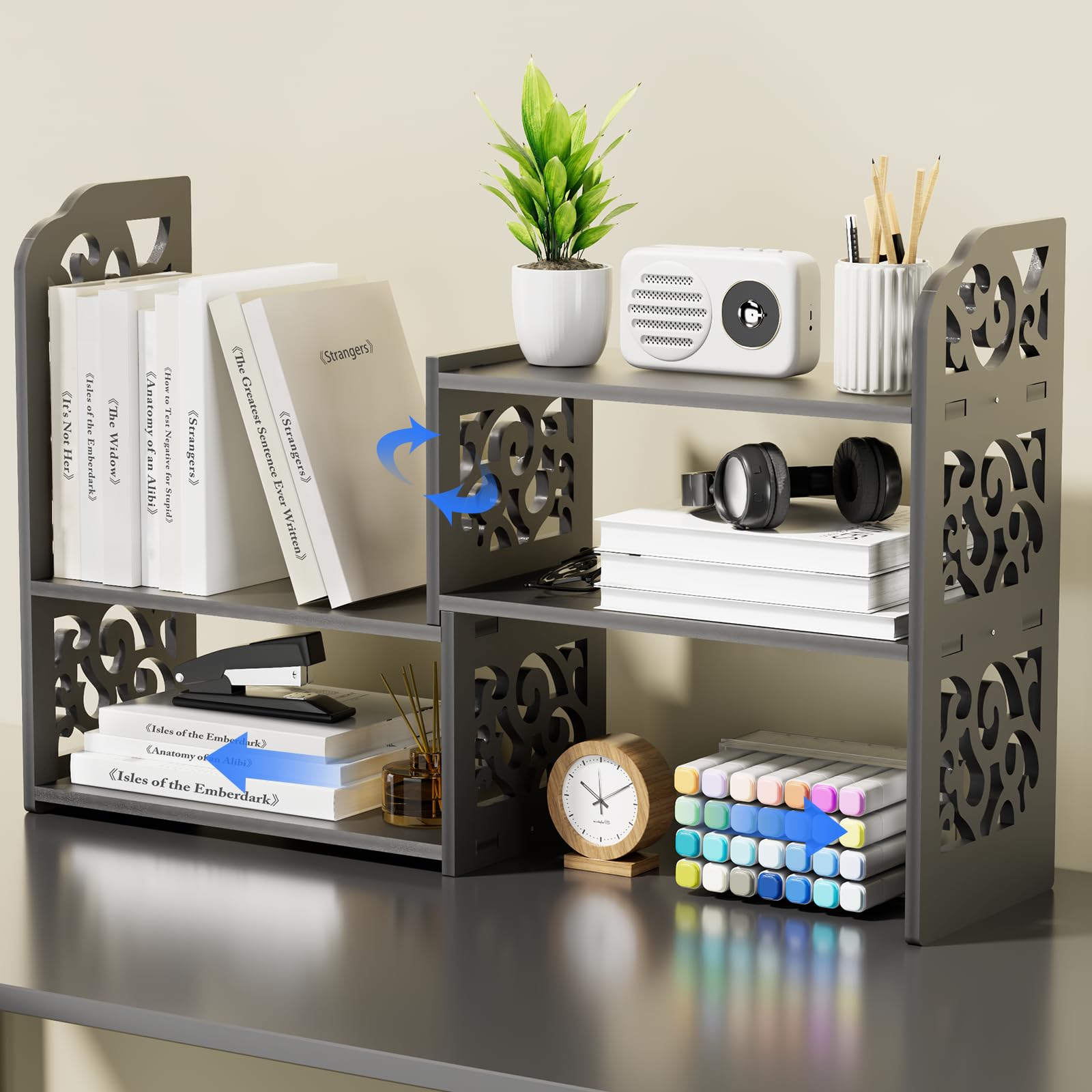 YGYQZ Adjustable PVC Desktop Organizer Storage Rack - Black Desk Shelf for Office, Women, Dormitory & Home Decor