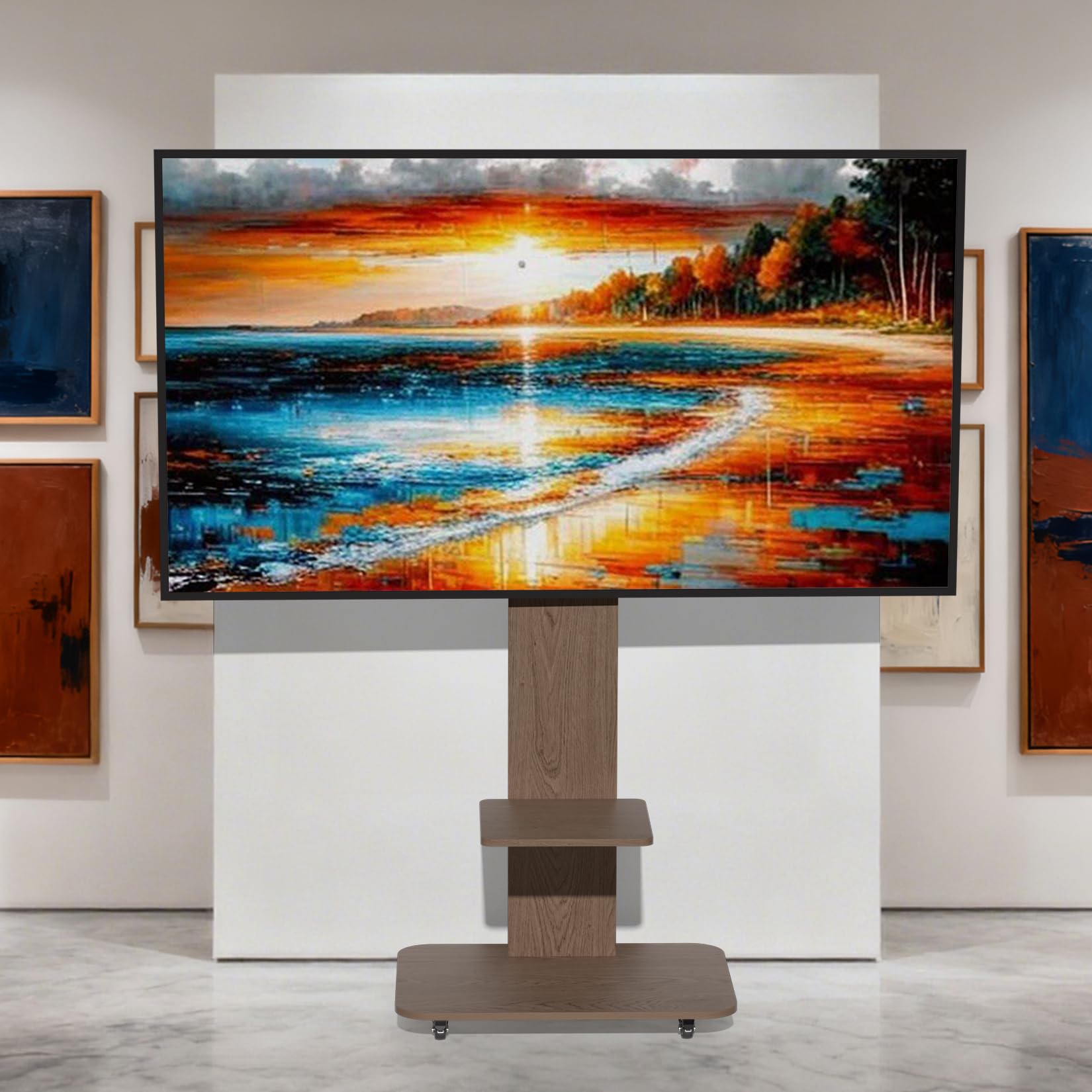 UNHO Soporte TV con Ruedas de Madera para 40-75 Pulgadas, Inclinación ±10° | Soporte Televisión Suelo Ajustable en Altura para LCD/LED, 2 Estantes, VESA 200x300 - 600x400 mm, Hasta 60 kg