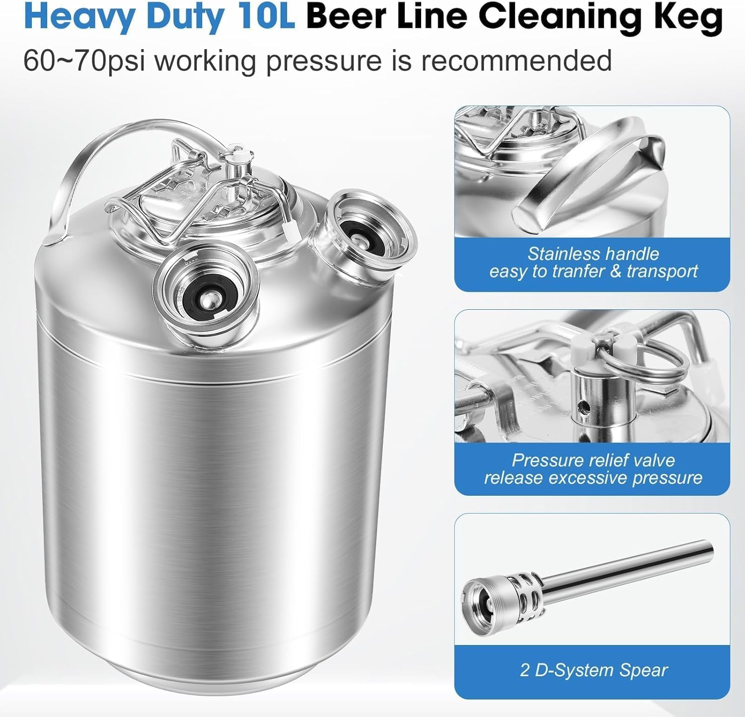 Limpiador de línea de cerveza de 10 L, lata de limpieza de acero inoxidable con tapa, compatible con lanzas de barril 3A/3S/1A+2S/2A+1S para mantenimiento de máquinas de tiro