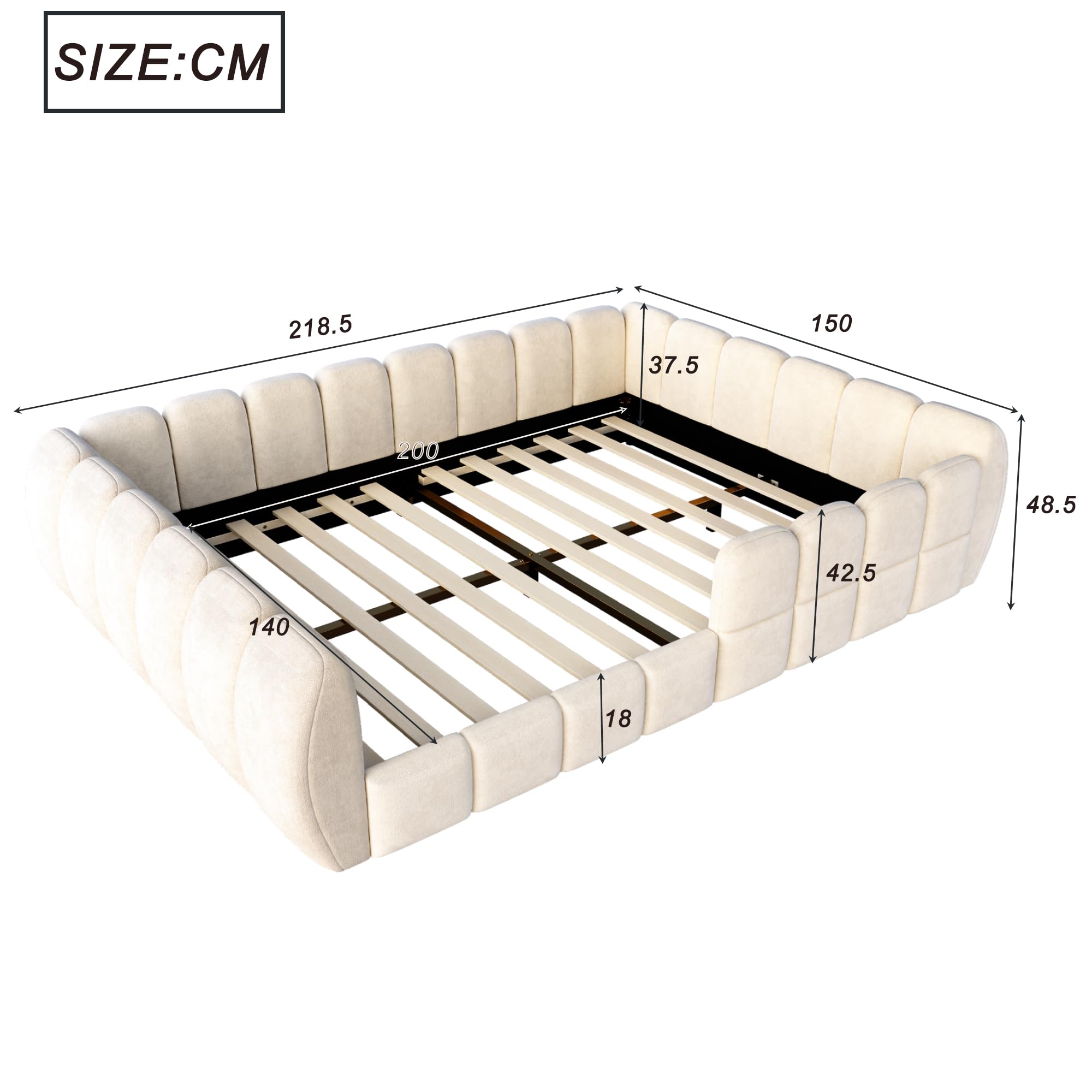 Montessori Letto a Terra Bambino 140 x 200cm con Rete a Doghe, Letto a Pavimento Imbottito per Neonati e Ragazzi, Rivestimento in Velluto, angoli arrotondati, Beige (Senza Materasso)