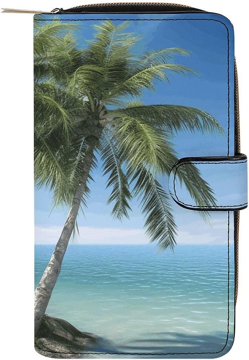 Wristlet Wallets for Women, Sea Palm Trees Printed Ladies PU Vegan Leather Clutch Wallet Zip Around Phone Purse Card Holder Organizer,Work & Daily Use