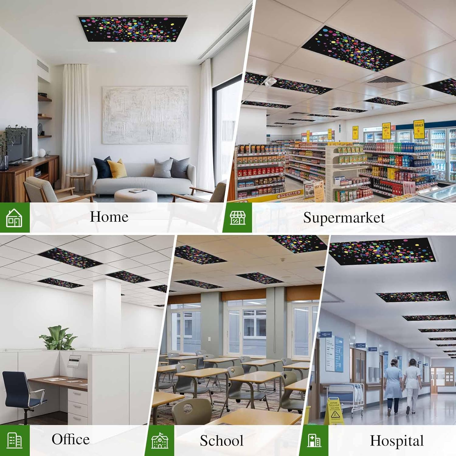 Colorful Polka Dot Fluorescent Light Covers for Ceiling Lights 4x2 feet,4 Pack Magnetic Light Filters for Classroom,Cartoon Cute Abstract Graffiti Black Fluorescent Lamp Shade Panel for Office School