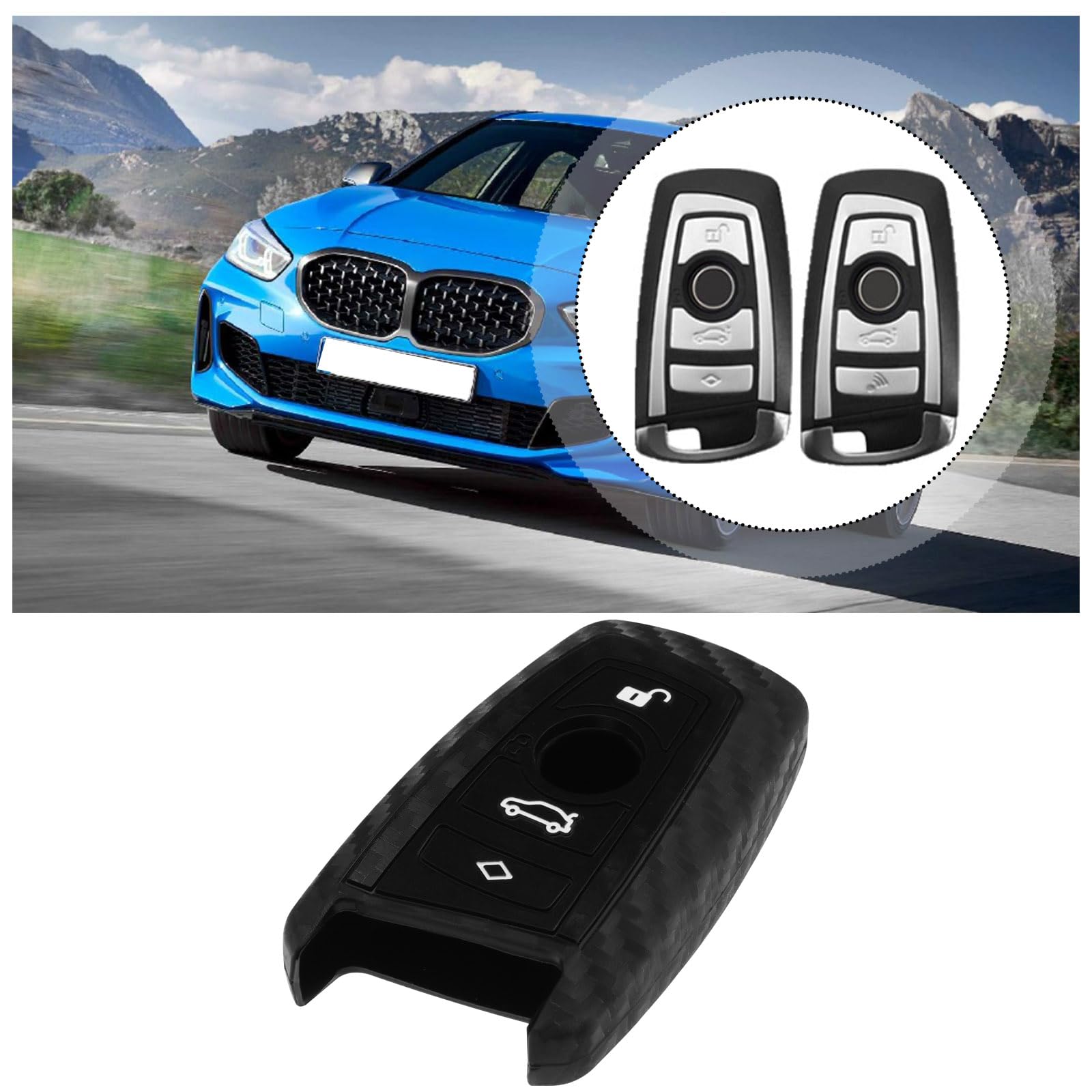 EMSea 2pcs Carbon Fiber Pattern Soft Silicone Key Fob Shell Silicone Car Key Cover 3-Key Silicone Car Key Shell Compatible with BMW 1 3 5 7 Series - Image 3