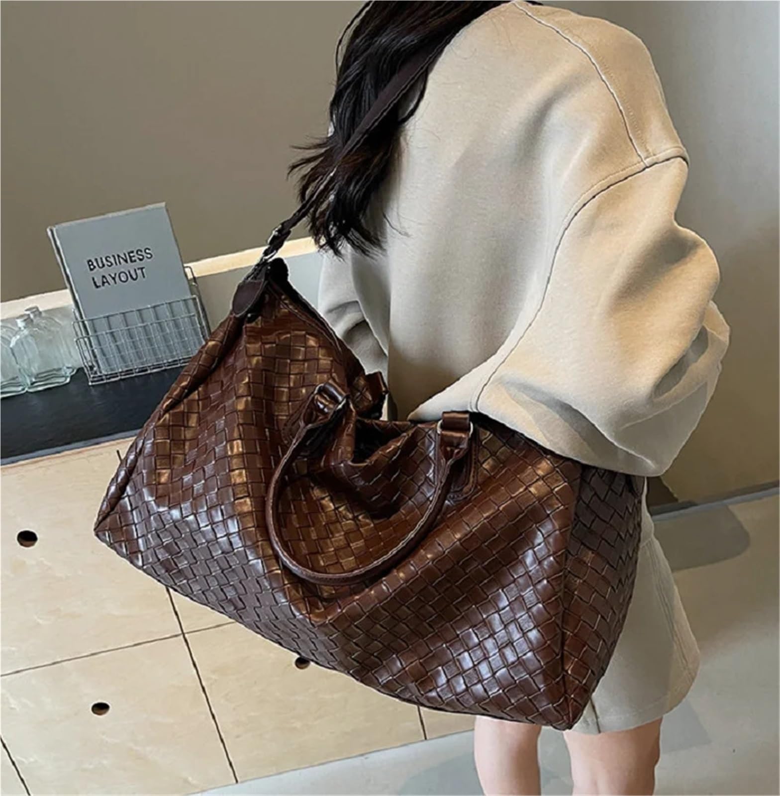Borsa da Viaggio in Pelle Uomo Donna Moda Tessitura PU Pelle Viaggio Borsone Tote Grande capacità Borse a Tracolla Business Casual Borsa a Mano(Brown)