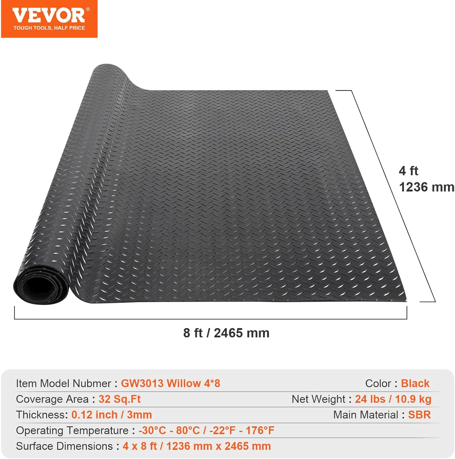 VEVOR Diamond-Plate Flooring Roll, SBR Rubber Mat, Easy to Clean, Gym & Garage Industry, Black