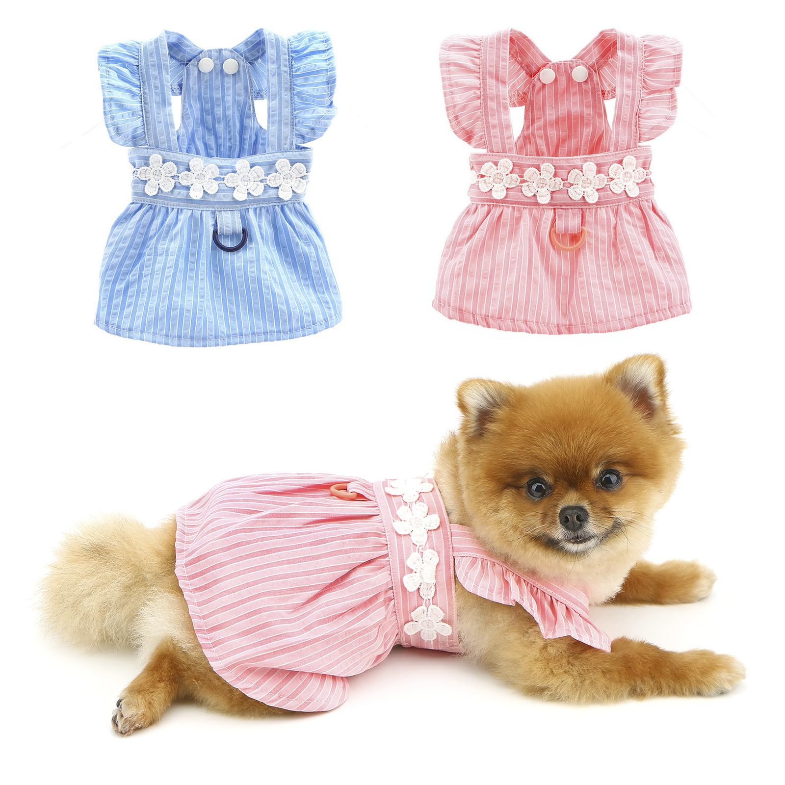 PAIDEFUL Vestido para perro pequeño, elegante vestido de verano a rayas con bordado de flores, correa de verano, vestidos de princesa, ropa fresca para mascotas, disfraz de chihuahua con botones,
