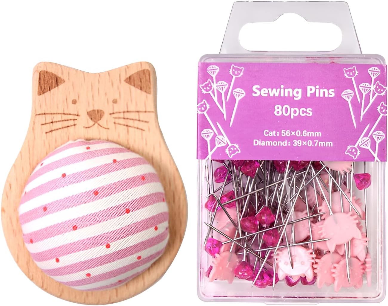 Cute Cat Pin Cushion Kit–Adorable Pincushion with 80 Craft Positioning Pins,Wooden Base Pin Cushions for Sewing Quilting and Needlepoint DIY Projects