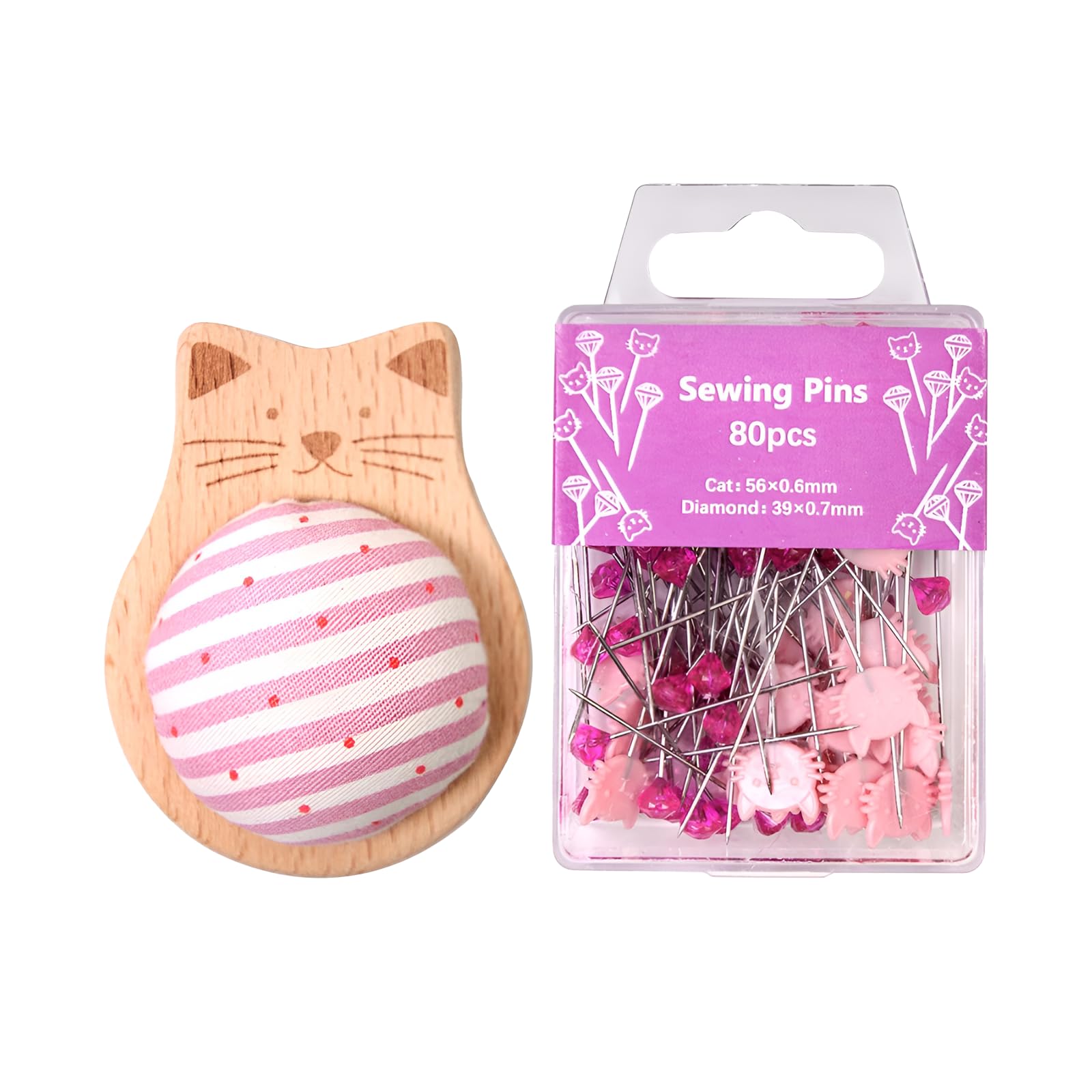 Niedliches Katzen-Nadelkissen-Set – bezauberndes Nadelkissen mit 80 Positionierungsnadeln, Holzsockelkissen zum Nähen, Quilten und für DIY-Projekte
