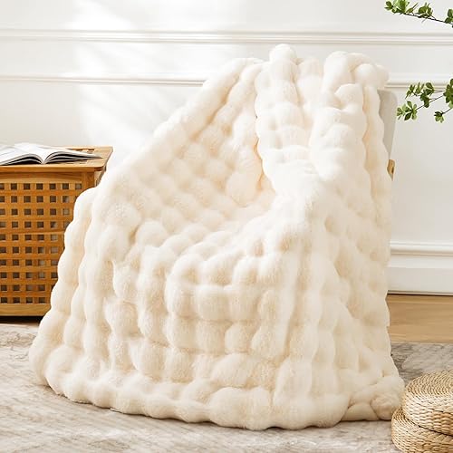 BENVWE Fluffy Faux Fur Throw Blanket for Couch, Soft Plush Thick Cozy Fuzzy Luxury Minky Bubble Blanket for Home Living Room Decor Gift for Women, Warm Ivory, 50" x 60", 1100GSM - Throw(51" x 63") - Cream Yellow