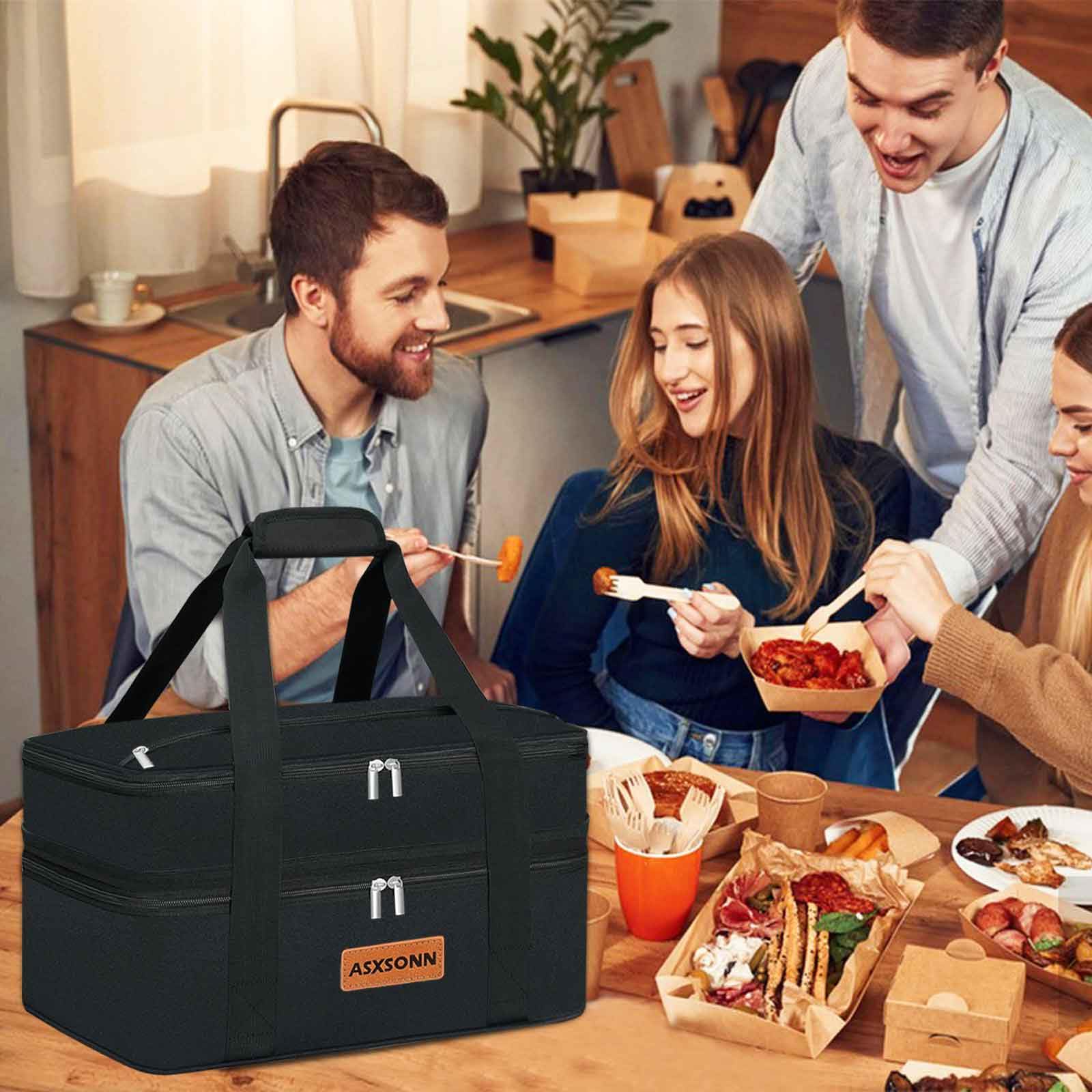 ASXSONN Double Decker Insulated Casserole Carrier for Hot or Cold Food, Expandable Insulated Food Carrier for Parties, Picnic, Beach, Fits 9