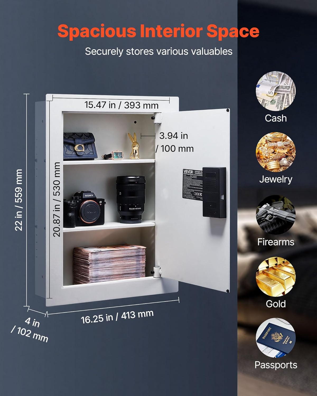 VEVOR 22" High Wall Safe, 3-Tier Hidden Wall Safe with Password, Key & Turning Knob, Q235 Cold-Rolled Steel In-Wall Box with Adjustable Shelves & Mounting Holes for Money, Jewelry, Passport, White