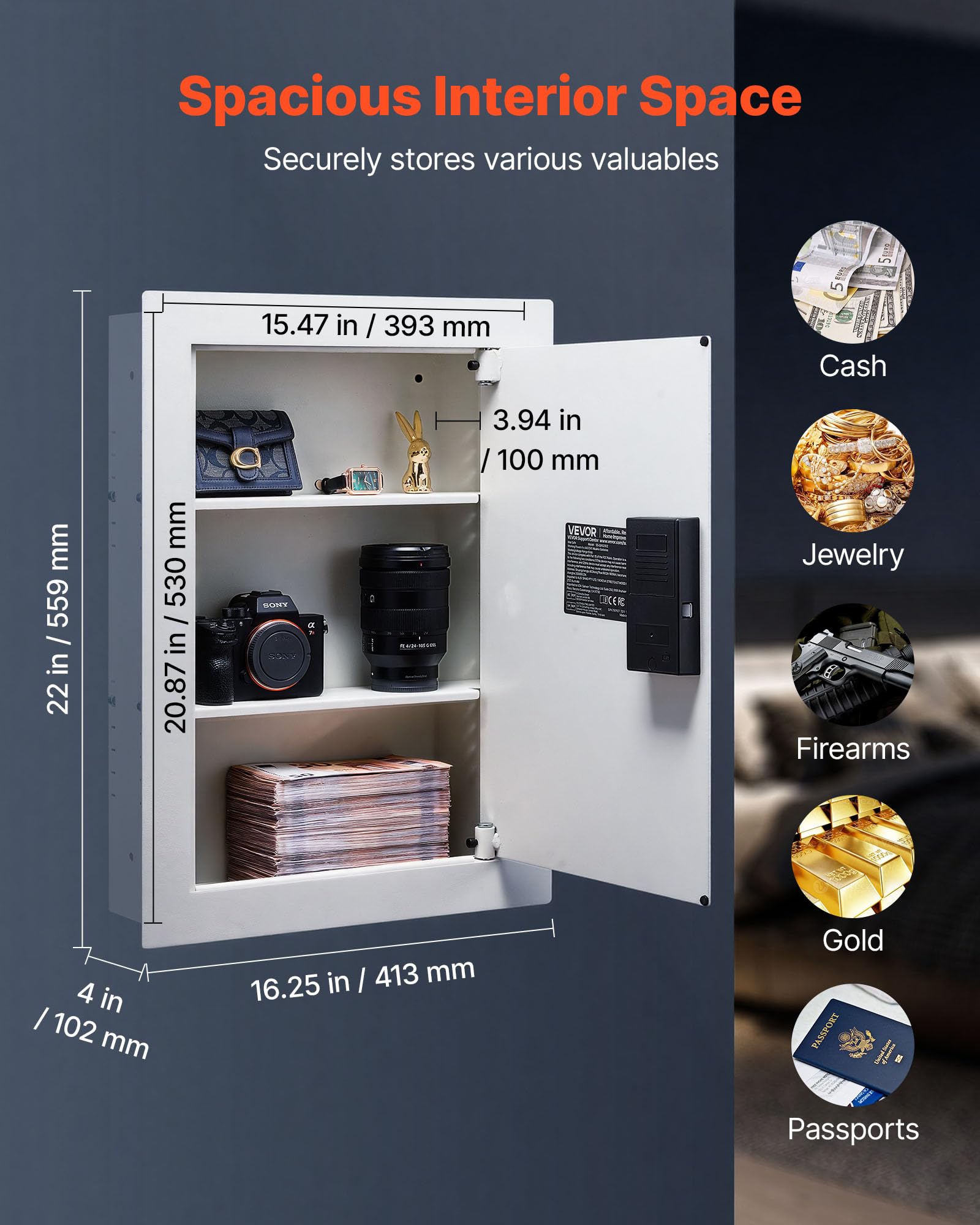 VEVOR Cassaforte a Muro da 102 x 413 x 559 mm con Password e Chiave, Alloggiamento Integrato in Acciaio Laminato a Freddo Q235 con Ripiani Regolabili e Illuminazione a LED, per Denaro, Gioielli