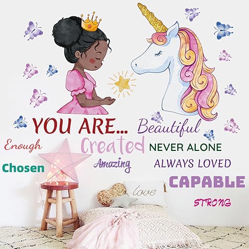 Miniatura 4 de Suplante - Calcomanía de pared de niña negra y unicornio, diseño de princesa afroamericana con texto positivo, para dormitorio de niñas, decoración