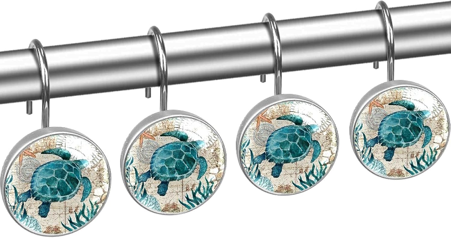 12pcs Ocean Turtles Shower Curtain Hooks, Retro Turtles Decorative Shower Curtain Hanger Rings Roller, Stainless Steel Round Shower Rings Hangers for Bathroom