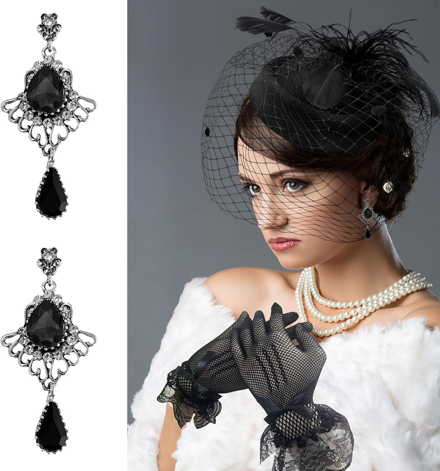 Black Fascinator Hats for Women Pillbox Hat Set 20s 50s Top Hat Vintage Tea Party Feather Headband Lace Gloves Set Halloween Wedding - Image 4