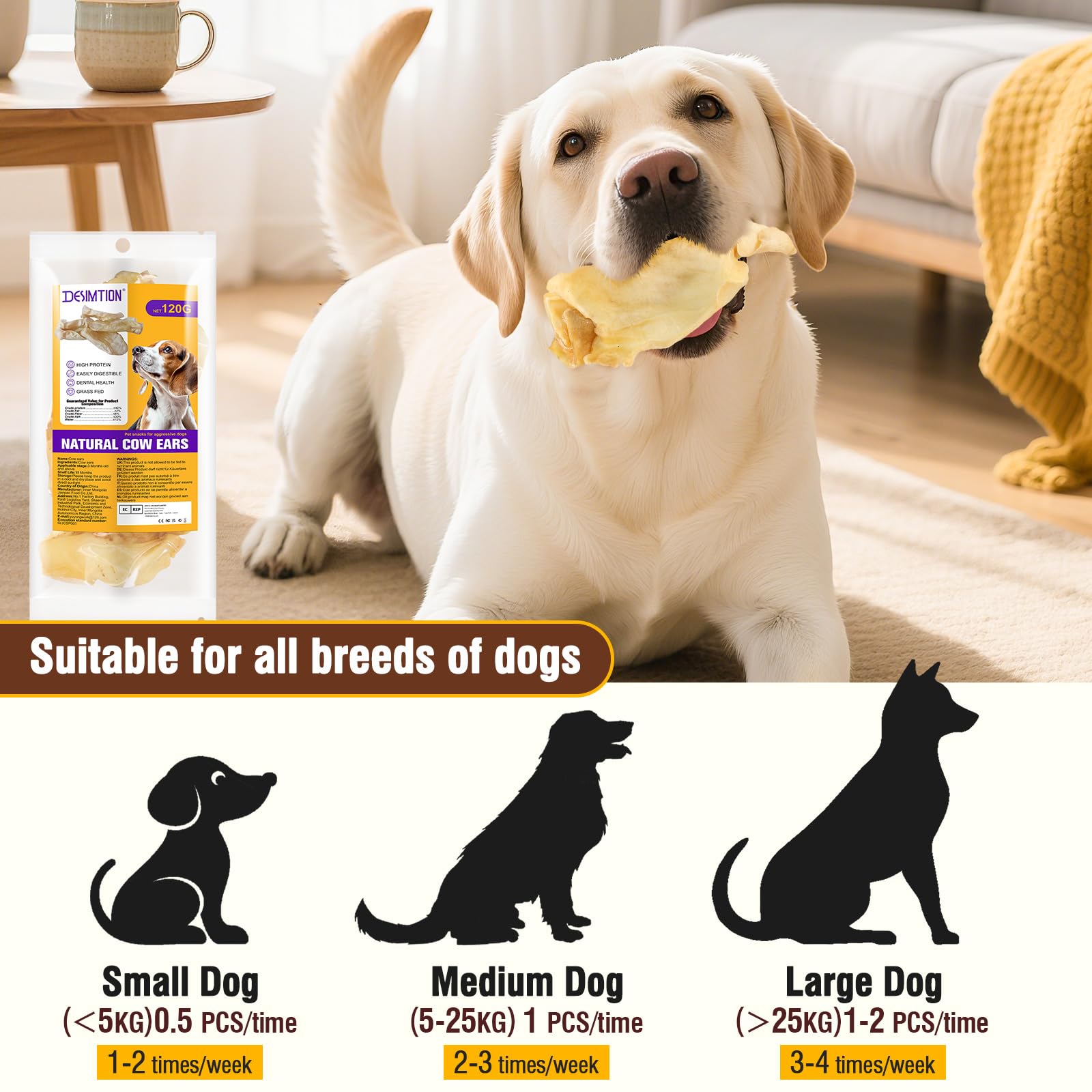 Oreilles de Vache 100% Naturelles pour Chiens - Friandises dentaires à ingrédient Unique, Longue durée, pour Toutes Les Races (Petites/Moyennes/Grandes) | Riches en protéines, faciles à digérer，120G
