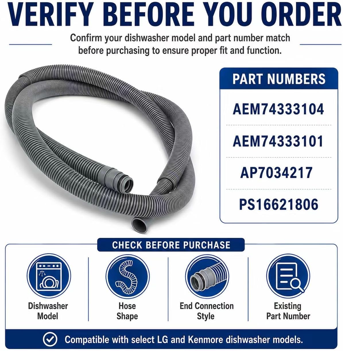 AEM74333104 AEM74333101 Dishwasher Drain Hose Replacement Compatible with LG Kenmore Dishwashers, Replaces AP7034217 PS16621806, Drain Hose Assembly