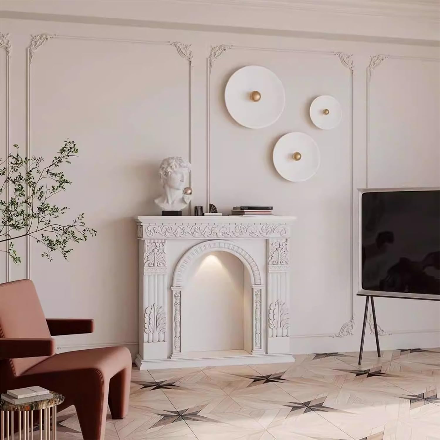Fireplace Mantel Surround Ornate Carved Wood Fireplace Mantel with Arched Opening & Magnetic Light Classic(Black)