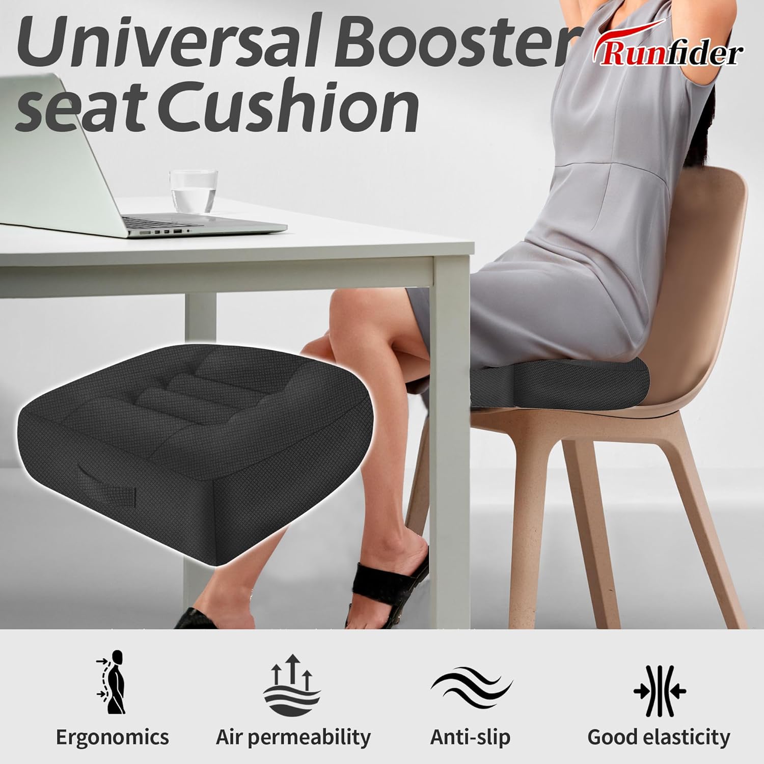 Car Booster Thick Height Adjustable Seat Cushion with Breathable Mesh Cover, Portable Seat Cushion for Driving, Office Chairs Wheelchairs Trucks SUV's and Home Use Black - Image 2