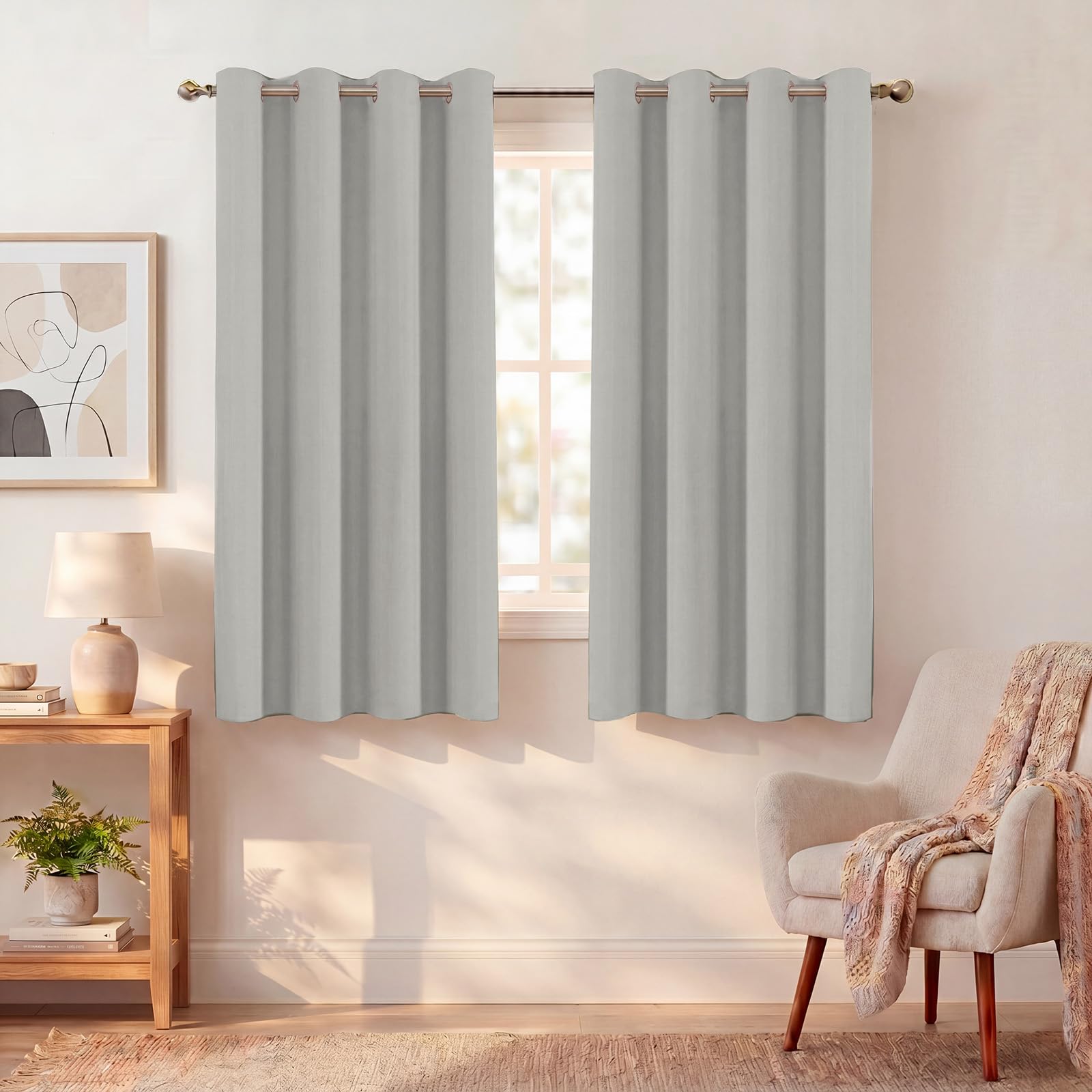 BellaHills Verdunklungsvorhänge Kurz Thermovorhang Wohnzimmer Graubeige H145xB140cm 2er Set Gardinen Blickdicht Kälteschutz Wärmeisolierend Ösenschal Schlafzimmer Blackout Curtains for Living Room