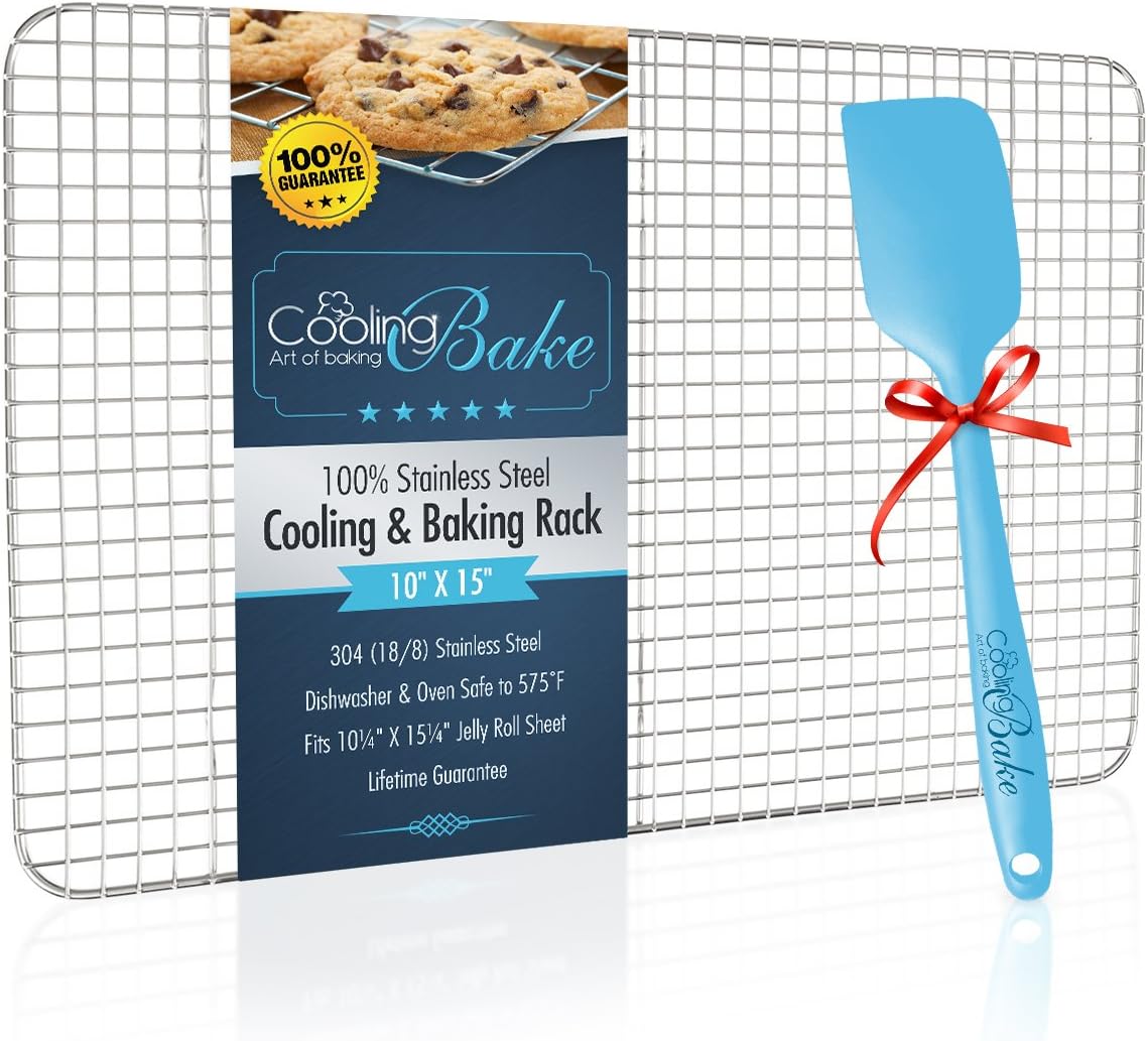 100% Stainless Steel Wire Cooling Rack for Cooling and Baking fits Jelly Roll Pan - Oven Safe, Heavy Duty (10" x 15”) - FREE Non-Stick Silicone Spatula Included!