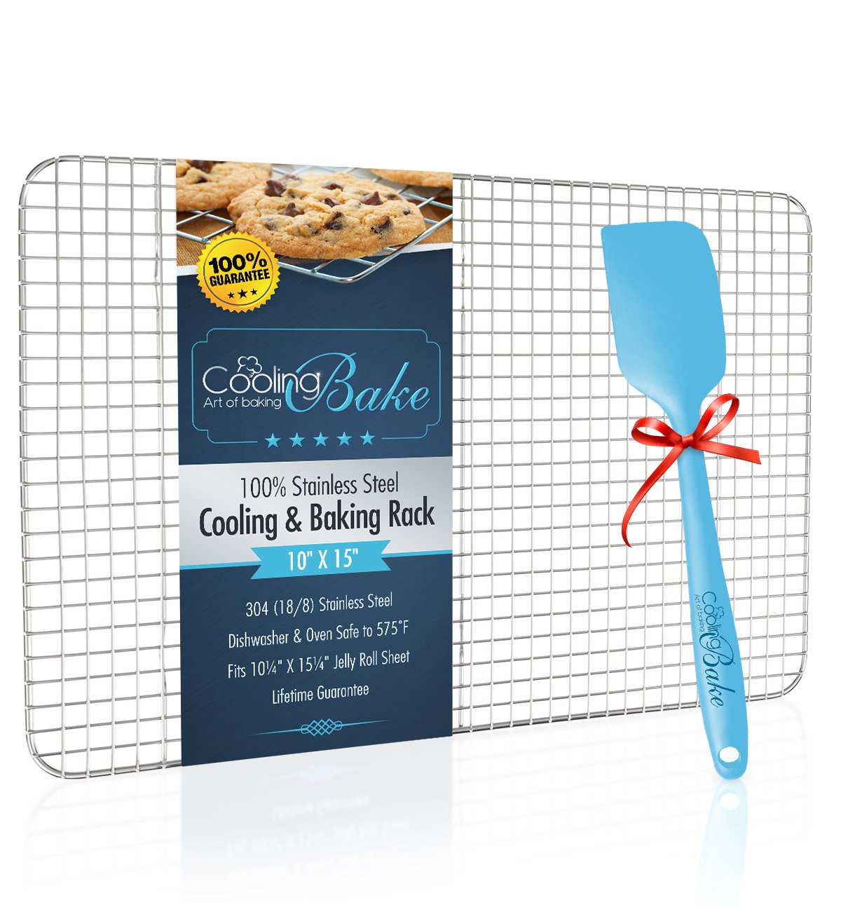 100% Stainless Steel Wire Cooling Rack for Cooling and Baking fits Jelly Roll Pan - Oven Safe, Heavy Duty (10" x 15”) - FREE Non-Stick Silicone Spatula Included!