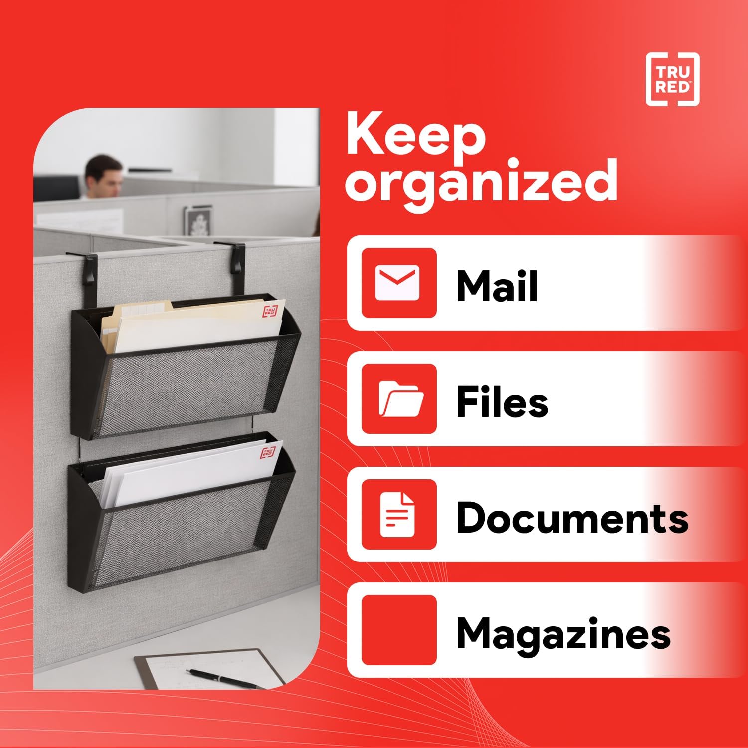 TRU RED Mesh Letter Wall File, 1‑Pocket Hanging Organizer, Black, 2‑Pack – Wall‑Mounted Office, Door & Cubicle File Holder