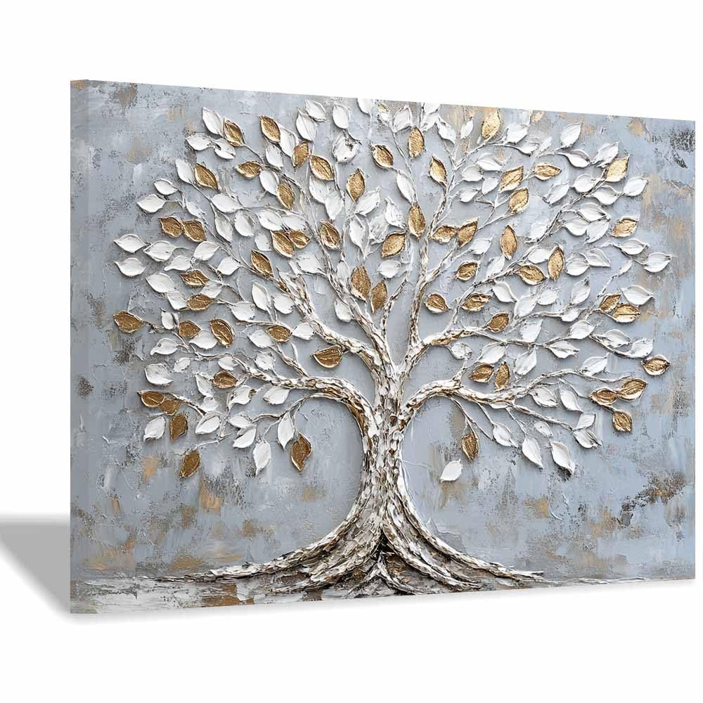 ZAMAEIU Tree of life wall decor Branch-adorned tree On Canvas Prints Poster Pictures for Living Room Bedroom Home Office Wall Decoration(white)-60x90cm Framed