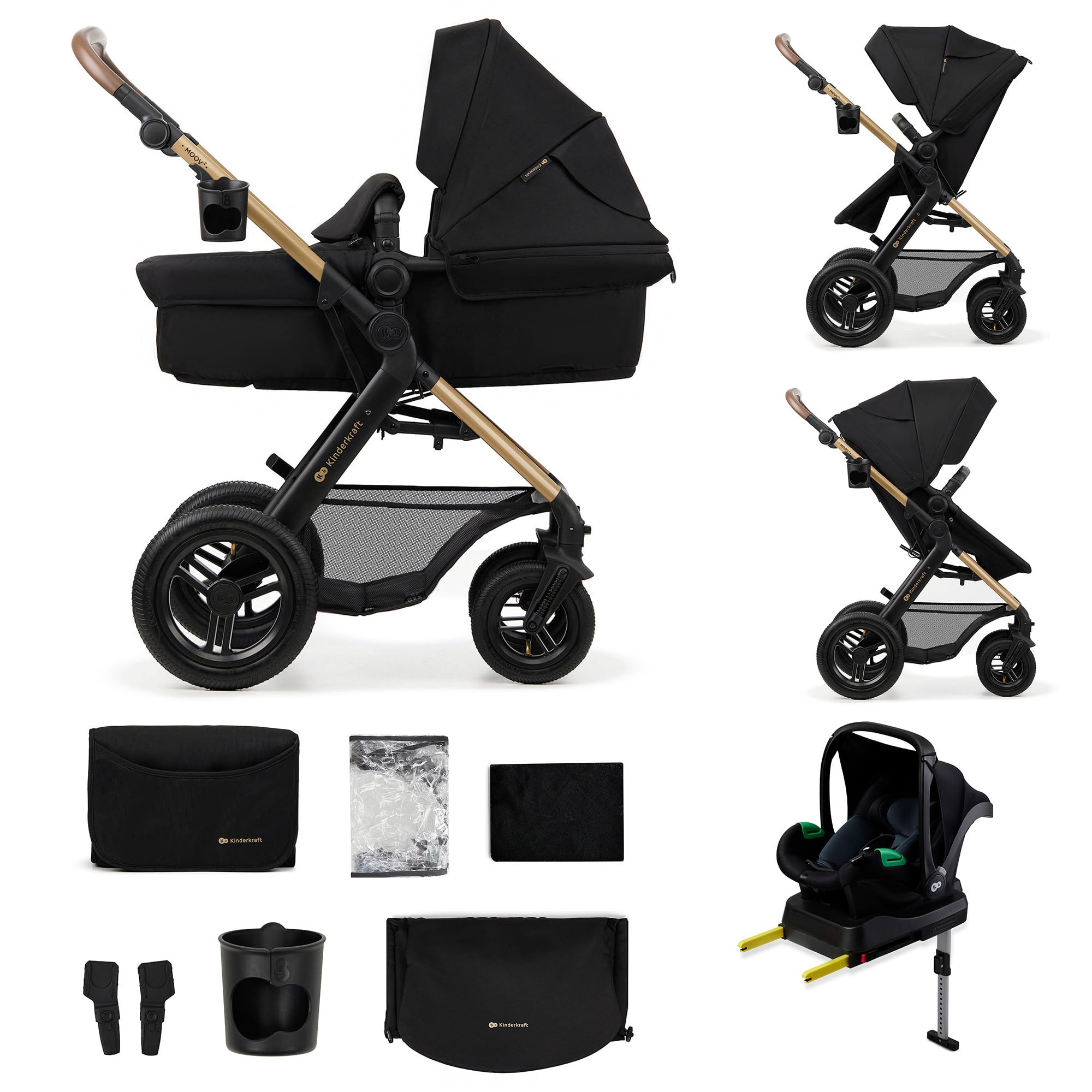 Kinderkraft MOOV2 AIR Kinderwagen 4 in 1 Kinderwagenset bis 22 kg mit Kindersitz I-SIZE 40-75 cm, Buggy Funktion, Liegeposition verstellbar, Große ausziehbare Verdeck, Aufblasbare Räder, Schwarz