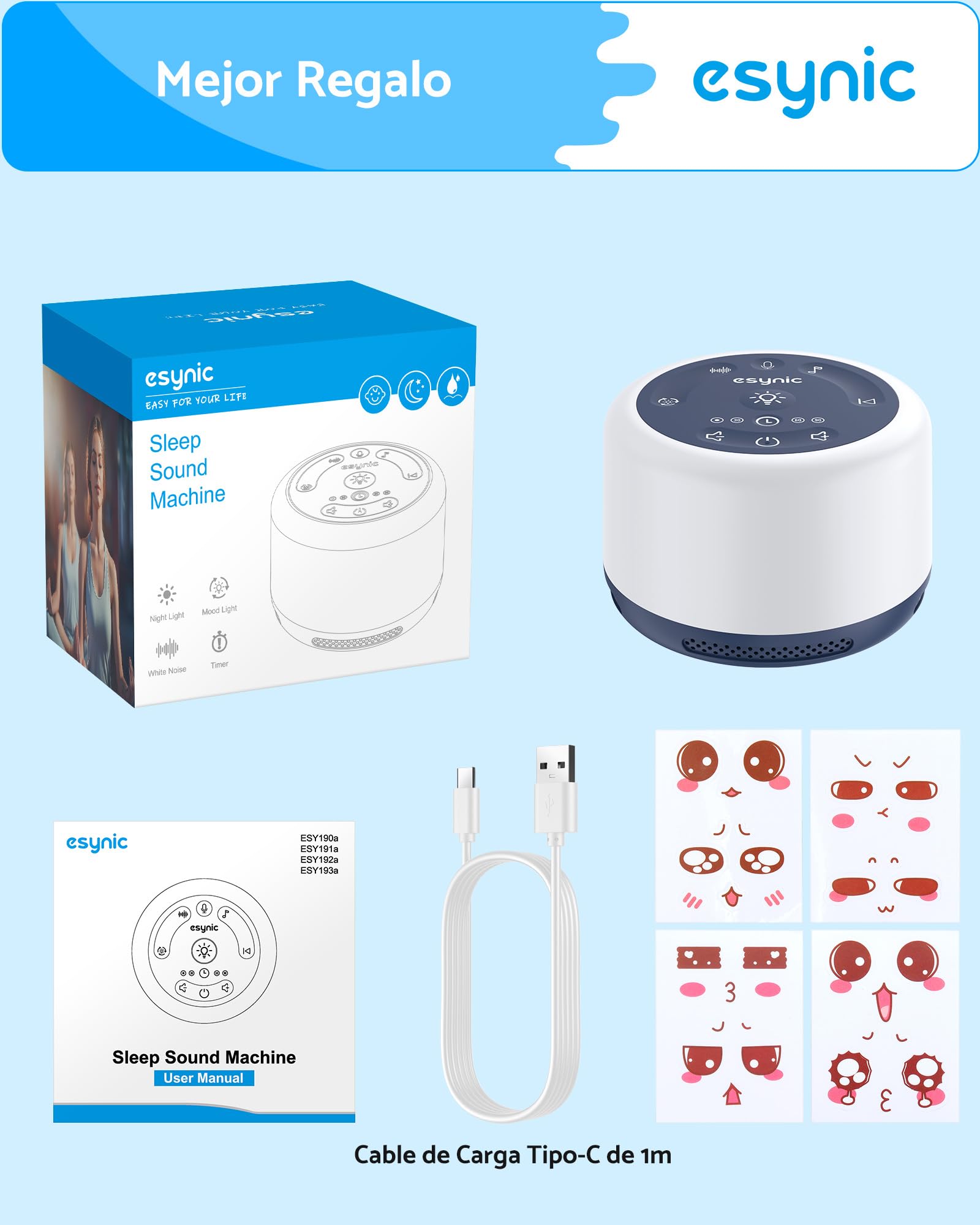 Máquina de Ruido Blanco eSynic Máquina de Sonido Portátil para Dormir para Bebé con 30 Tipos de Sonidos Relajantes, Luz Nocturna Ajustable,Temporizador, Batería incorporada de Gran Capacidad — view 8