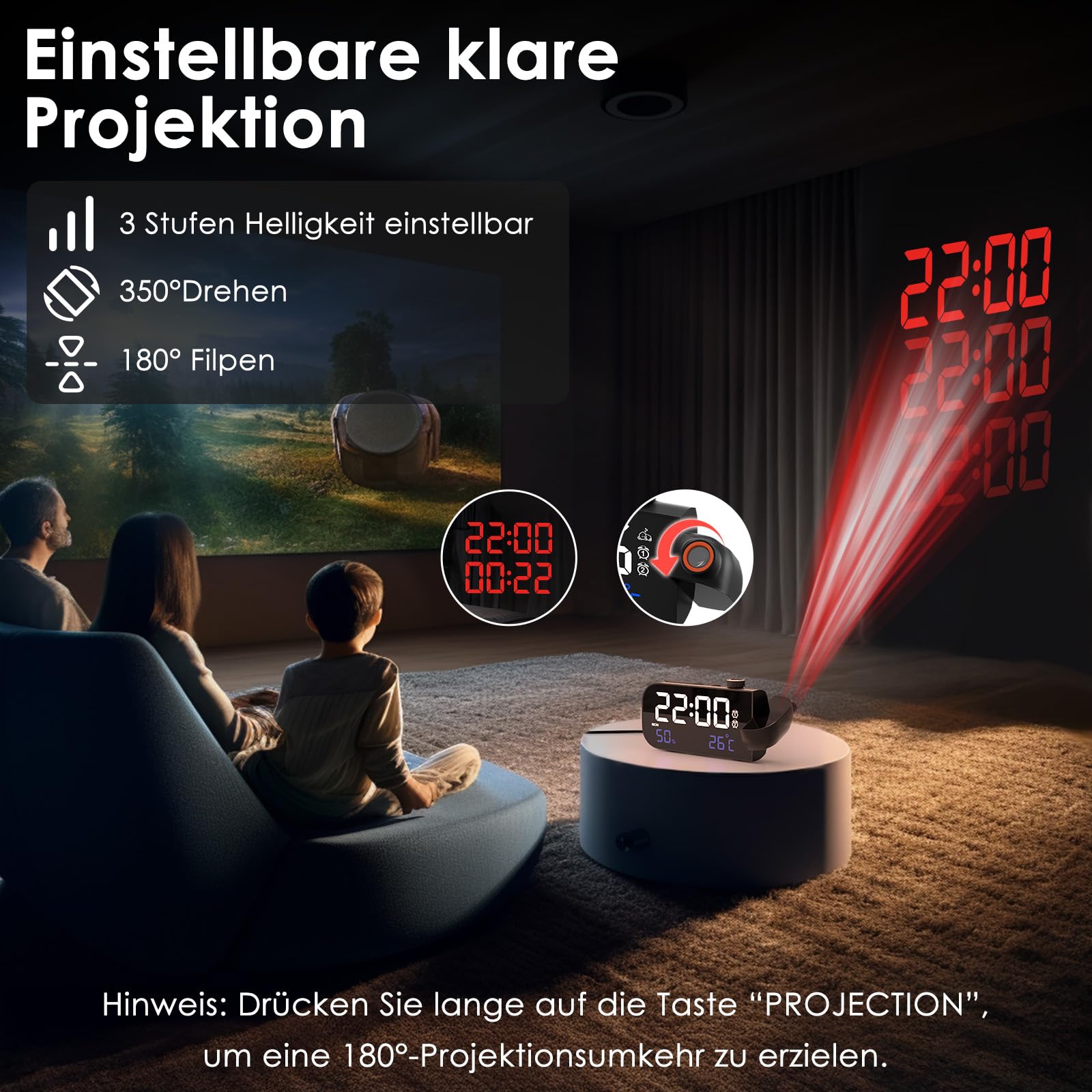 MOSUO Wecker mit Projektion, Radiowecker mit Temperatur und Luftfeuchtigkeit, Digital Projektionswecker, Lauter Digitaler Wecker für Schlafzimmer, mit 2 Weckzeiten, Sprachaktiviert, Dimmer, 7 Musik