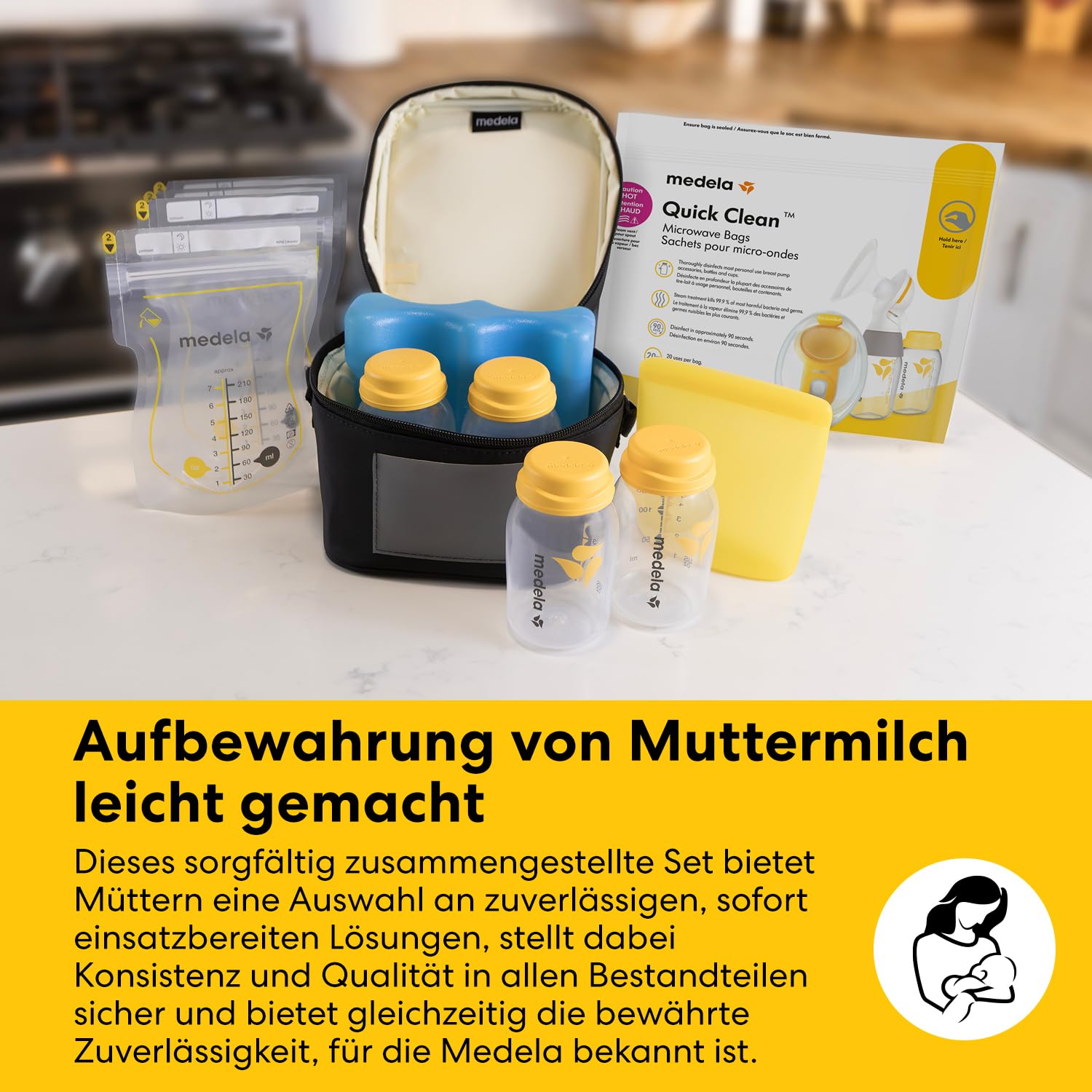 Medela All-in-One Set zur Aufbewahrung von Muttermilch mit 150ml-Flaschen, Easy Pour & wiederverwendbaren Muttermilchbeuteln, Quick Clean Mikrowellenbeuteln & Kühltasche mit passend geformtem Kühlakku