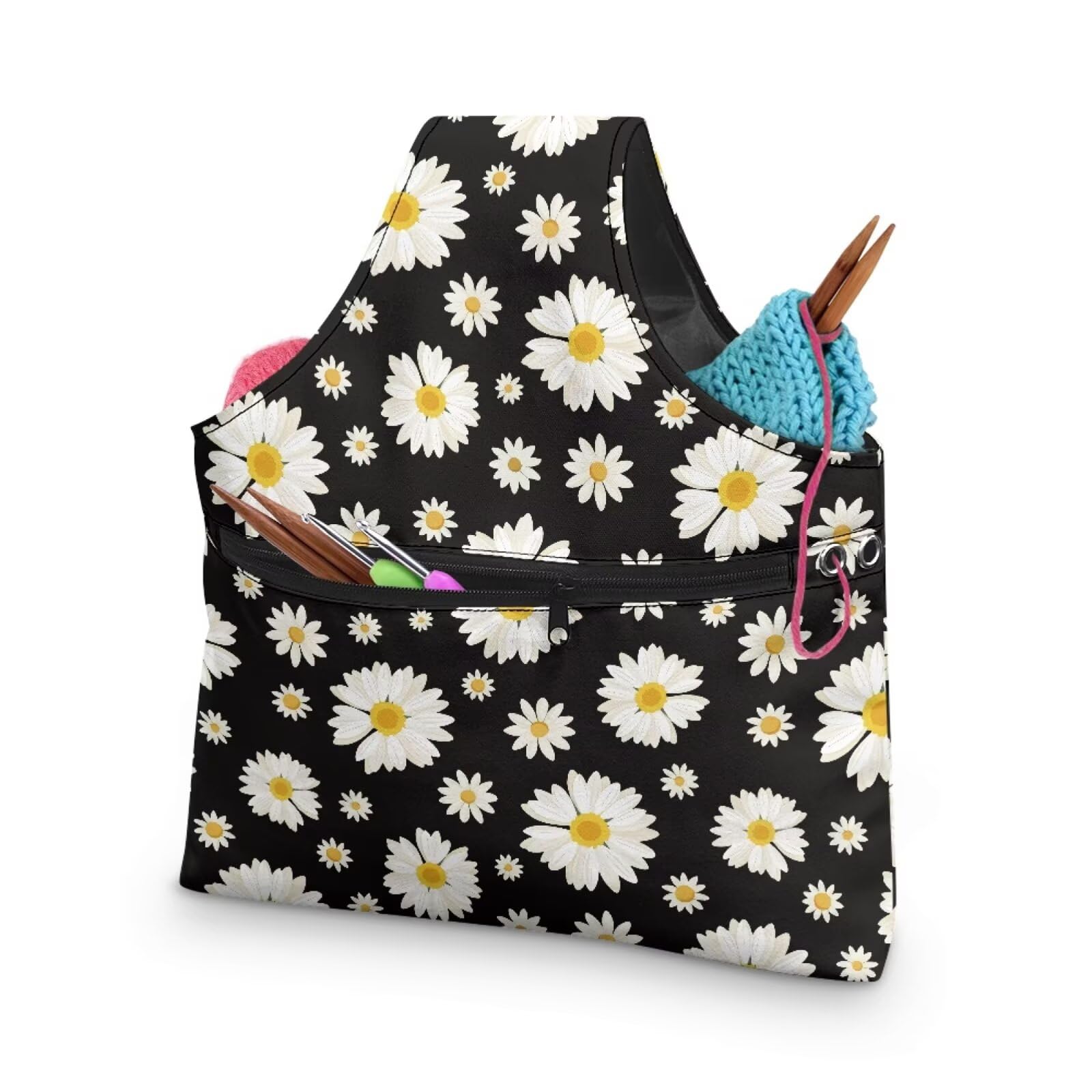 ASQVTUFE Daisy Flower Yarn Bags for Crocheting with Holes Crochet Bag Organizer Portable Yarn Storage Bag Organizer Small Tote Bag for Knitting Needles with Front Zipper Pocket Store Skein Ball