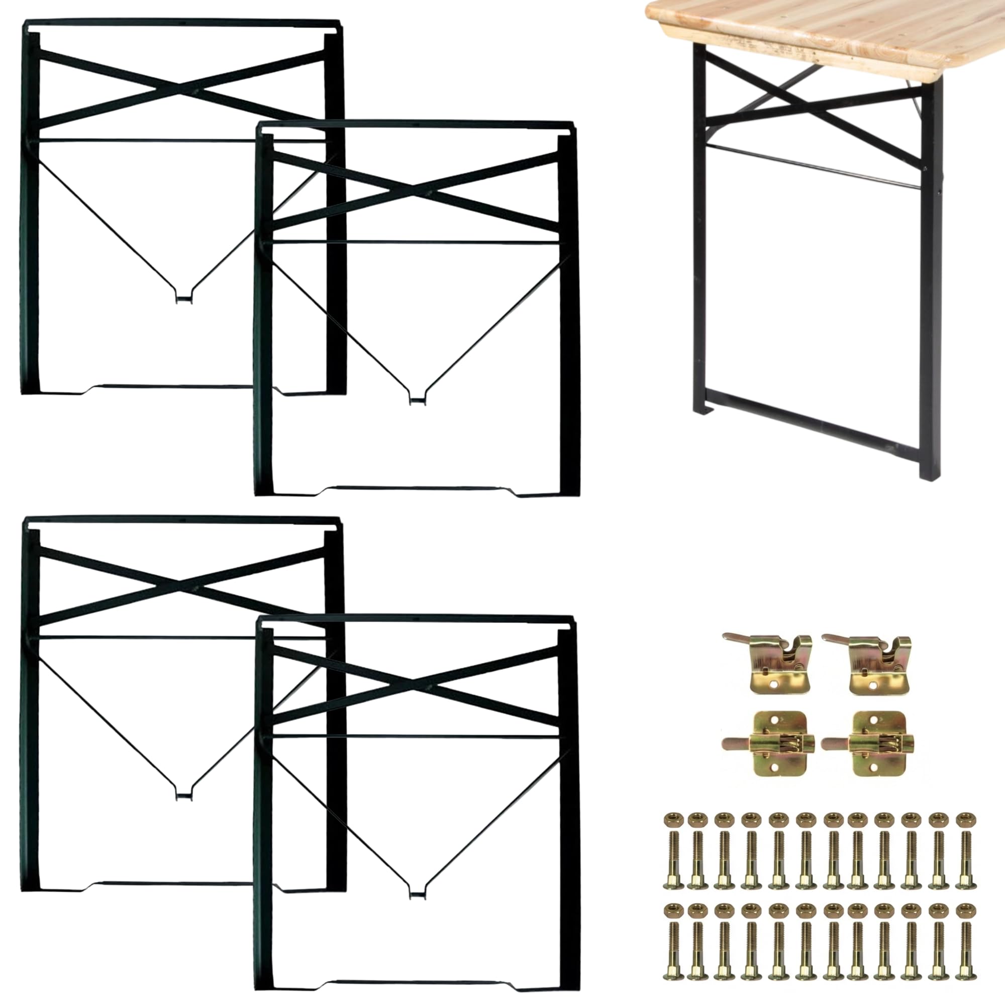 Set Gambe Pieghevoli per Tavolo in Metallo 73x53 cm, Struttura in Ferro con Kit Fissaggio Incluso - Gambe per Tavolo Birreria da Esterno per Giardino, Terrazza, Sagra (4 Gambe + Kit - Nero)