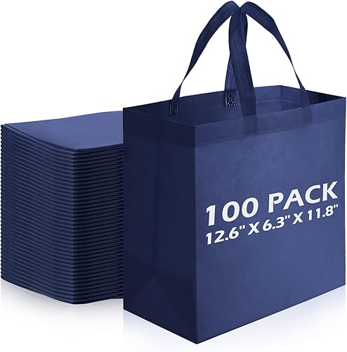Juego de 100 bolsas reutilizables no tejidas con asas, bolsa de tela portátil a granel para compras, eventos, fiestas (azul marino)