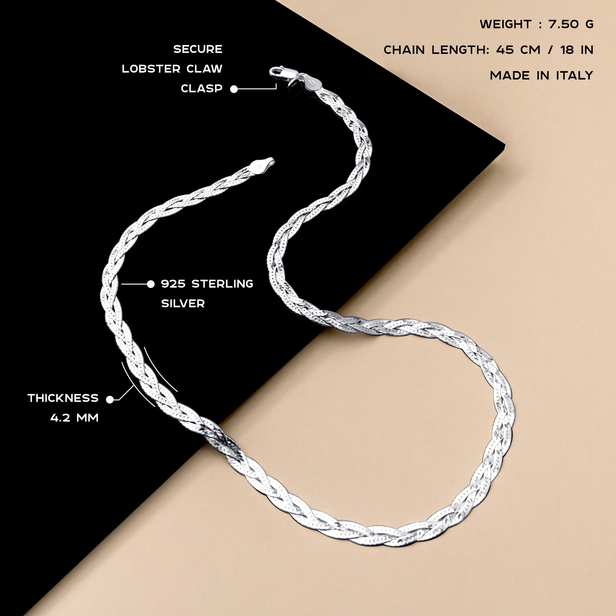 Amberta Damen 925 Sterling Silber Kettenhalskette 4.2 mm Fischgrätenmuster Design Länge 45 cm