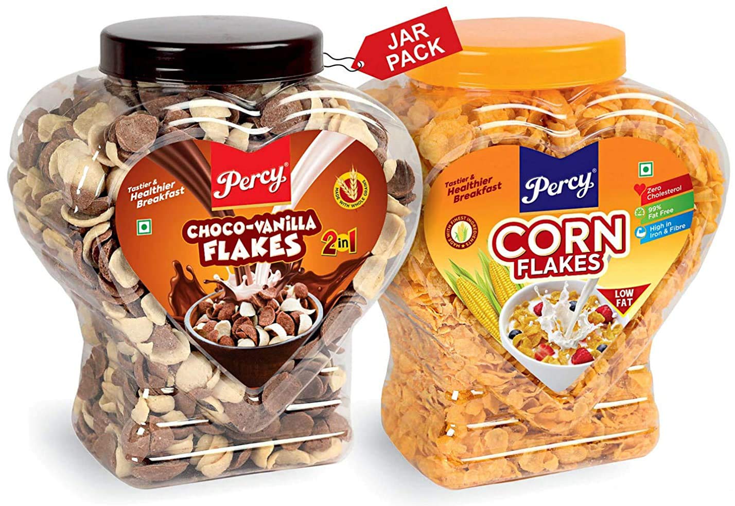 Percy Corn Flakes Classic and Choco Vanilla Flakes, Combo Pack of 2 Jars [Duet Cereal, Chocos High Iron and Fibre Breakfast] Jar, 720 g