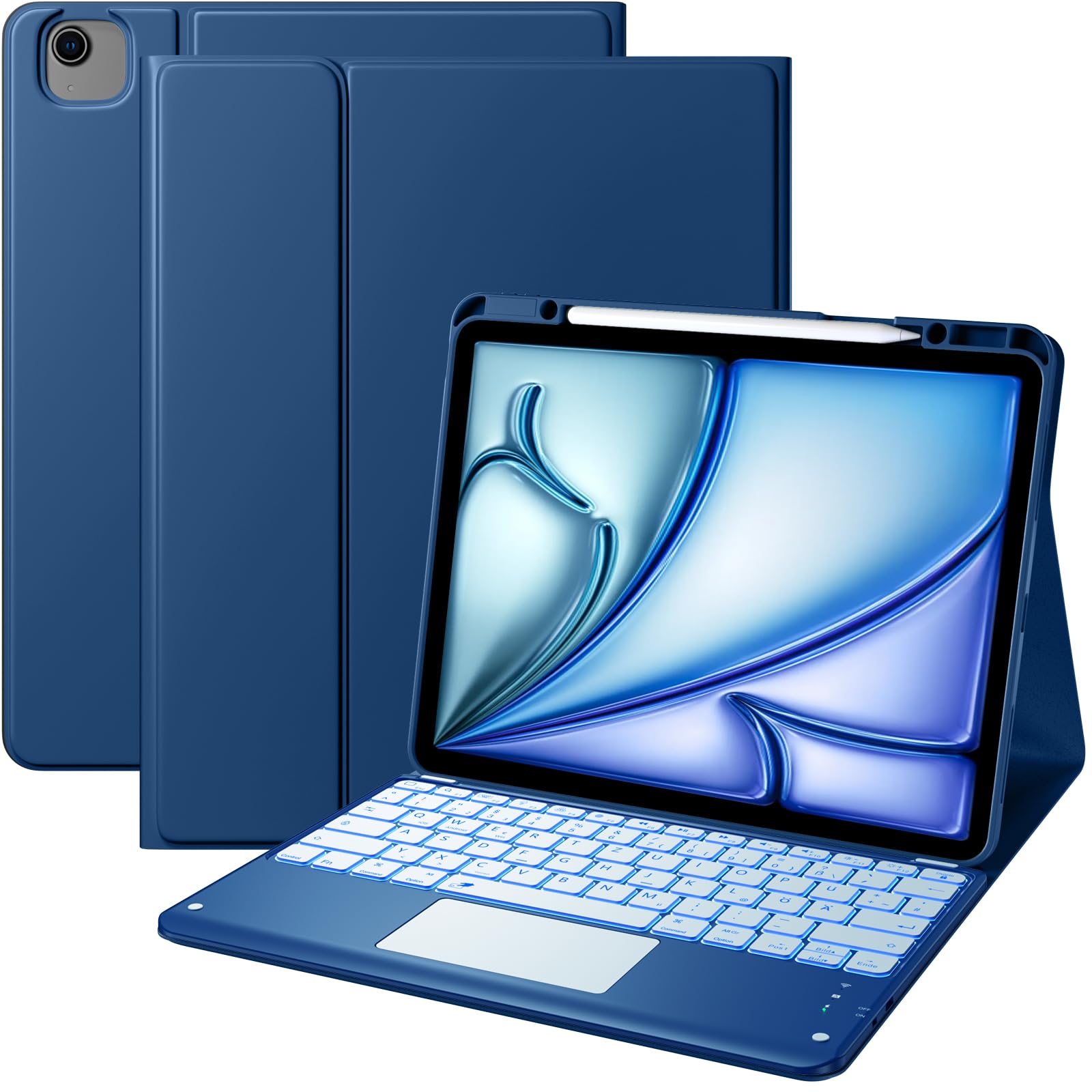 Vobafe Hülle mit Tastatur für iPad Air 13 Zoll M4 M3 M2 (2026/2025/2024), iPad Pro 12.9 (3. 4. 5. 6. Gen), QWERTZ Keyboard Multi-Touch Trackpad 7 Farben Beleuchtung, mit Stifthalter, Marineblau
