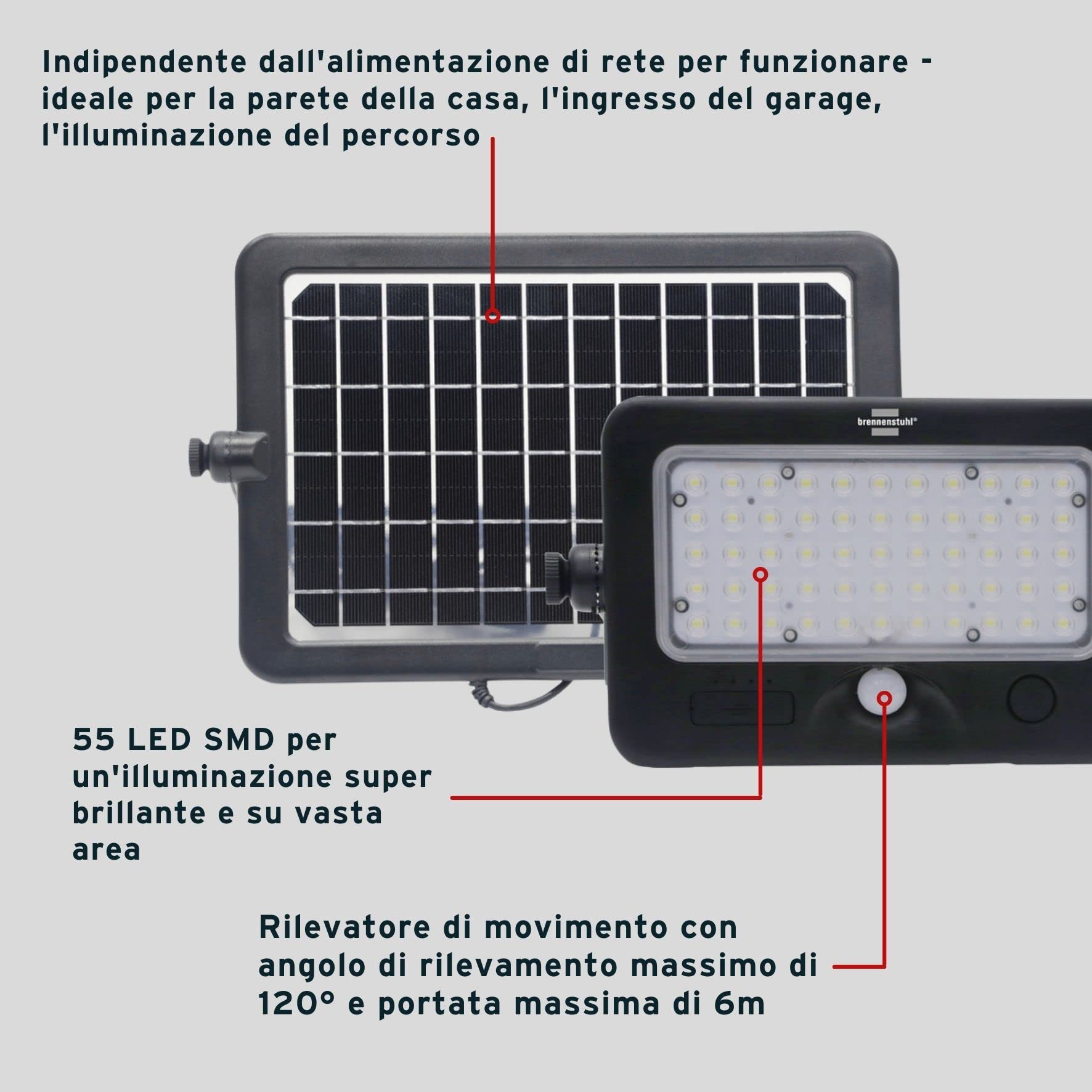 Brennenstuhl Faretto Solare LED da Esterno Con Rilevatore di Movimento SOL ML 1000 Faro LED Esterno Con Pannello Solare Indipendente - Cavo 3m | Illuminazione Ampio Raggio, Rilevatore Movimento 120°