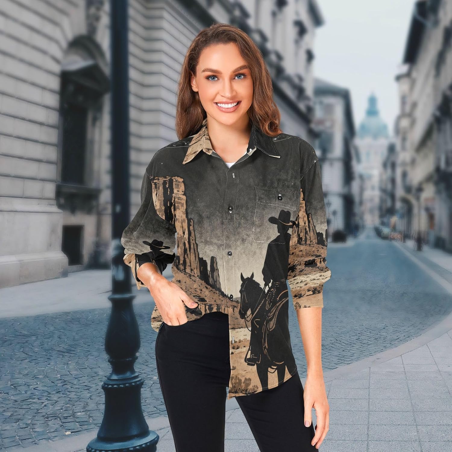 UFO Cowboy Illustration Woolen Cord Fabric Mens Rugby Shirts Long Sleeve for Women Clothes with Pockets