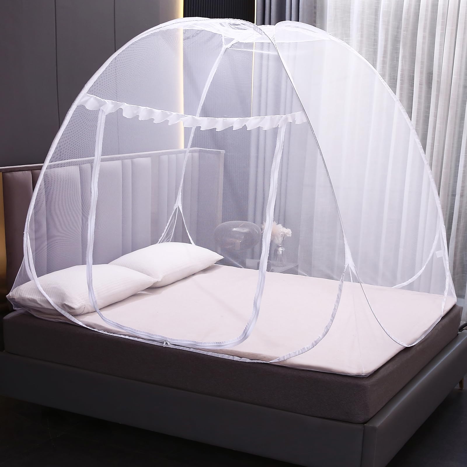 ZIQINPSQ Pop Up Mosquito Net for Cot, Foldable Bed Canopy with Breathable Mesh, Instant Setup Sleep Protection Net for Travel Home, King Size 150x200cm, White