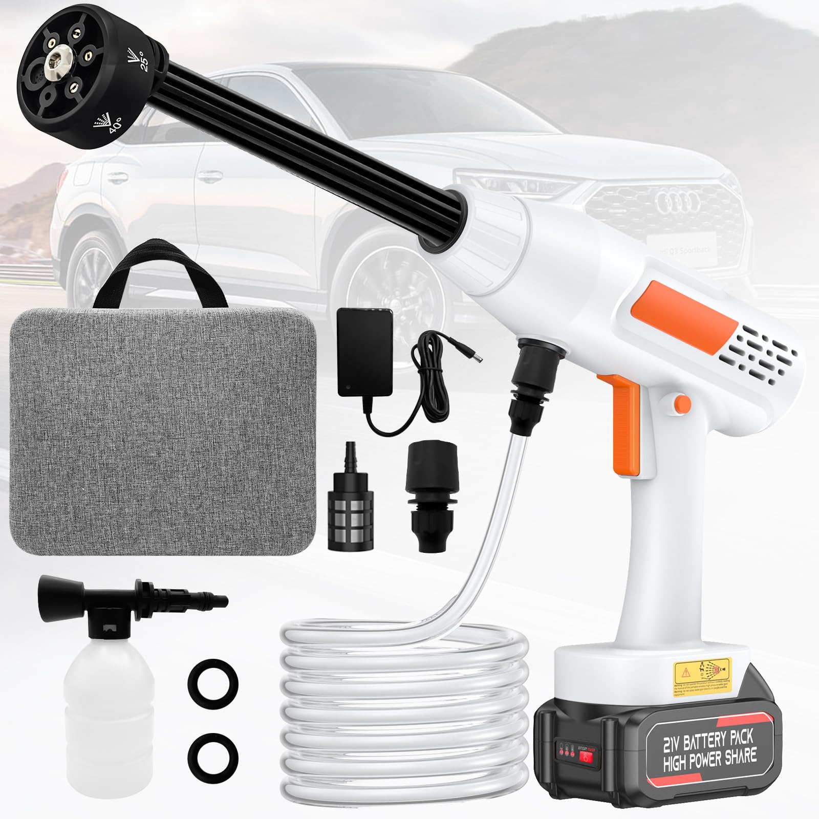 Cordless Pressure Washer Battery Powered, 300L/H Portable Cordless Power Washer with 6-in-1 Nozzle, 435PSI Handheld Battery Pressure Washer with 1 Batterie, Sprays 6-10m Away, for Car/Home/Garden.