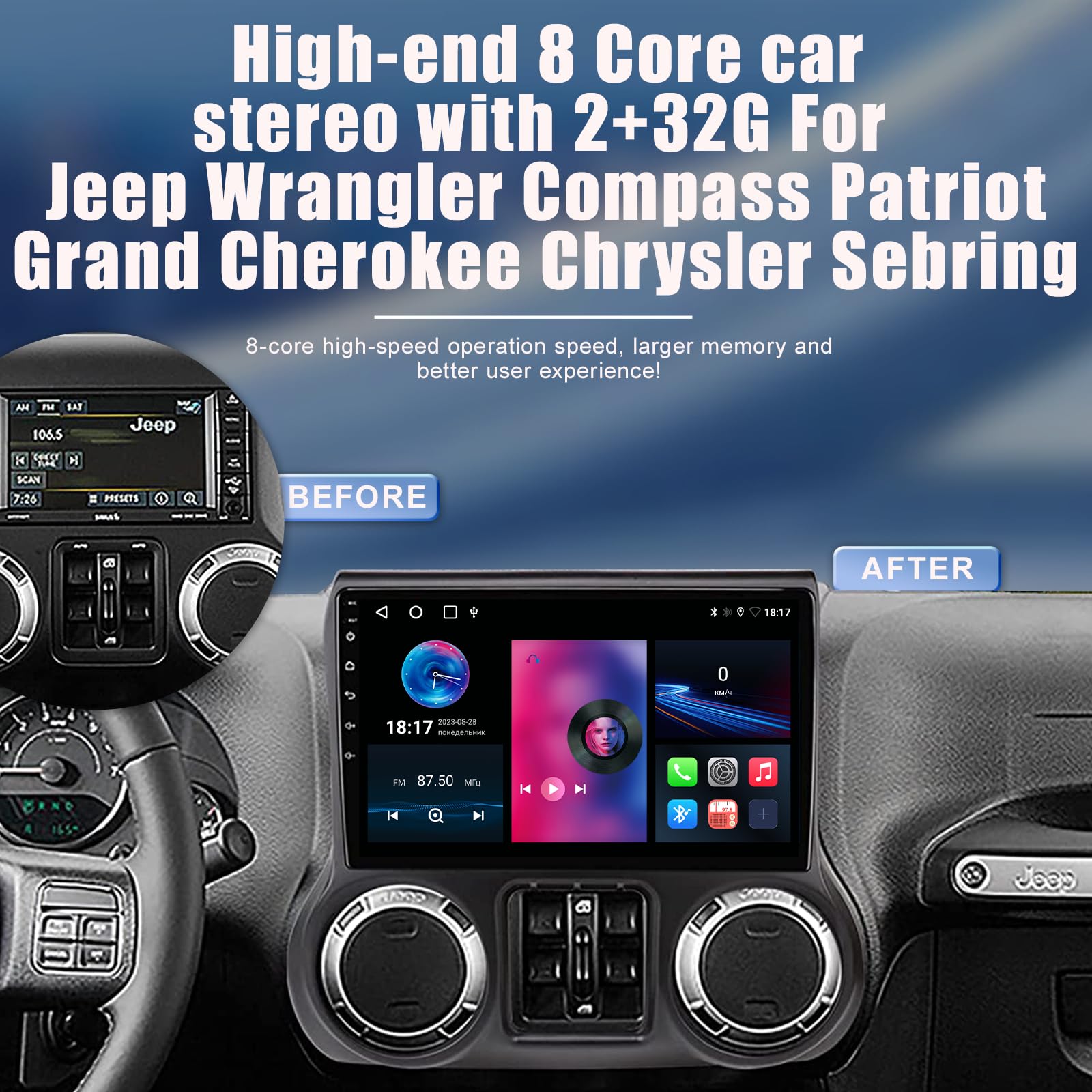 Car Stereo for Jeep Wrangler JK 2007-2018 8 Core Android 12 with Wireless CarPlay Android Auto, 10.1 inch 1280X720 IPS Touchscreen Bluetooth Car Radio Player with Backup Camera, AM/FM/RDS, DSP, SWC