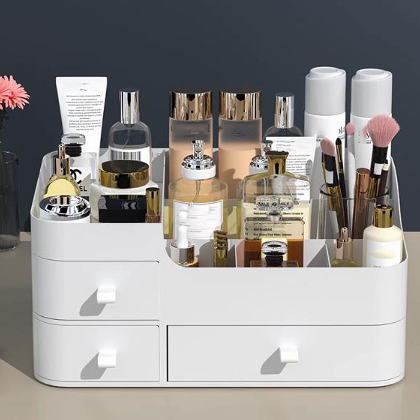 Kosmetik-Aufbewahrungsorganisator Make-up-Organizer, Aufbewahrungsbox, umfassender Kosmetik- und Hautpflege-Organizer for Schlafzimmer und Badezimmer, mit Schubladen Arbeitsplatten-Organizer(Weiß)