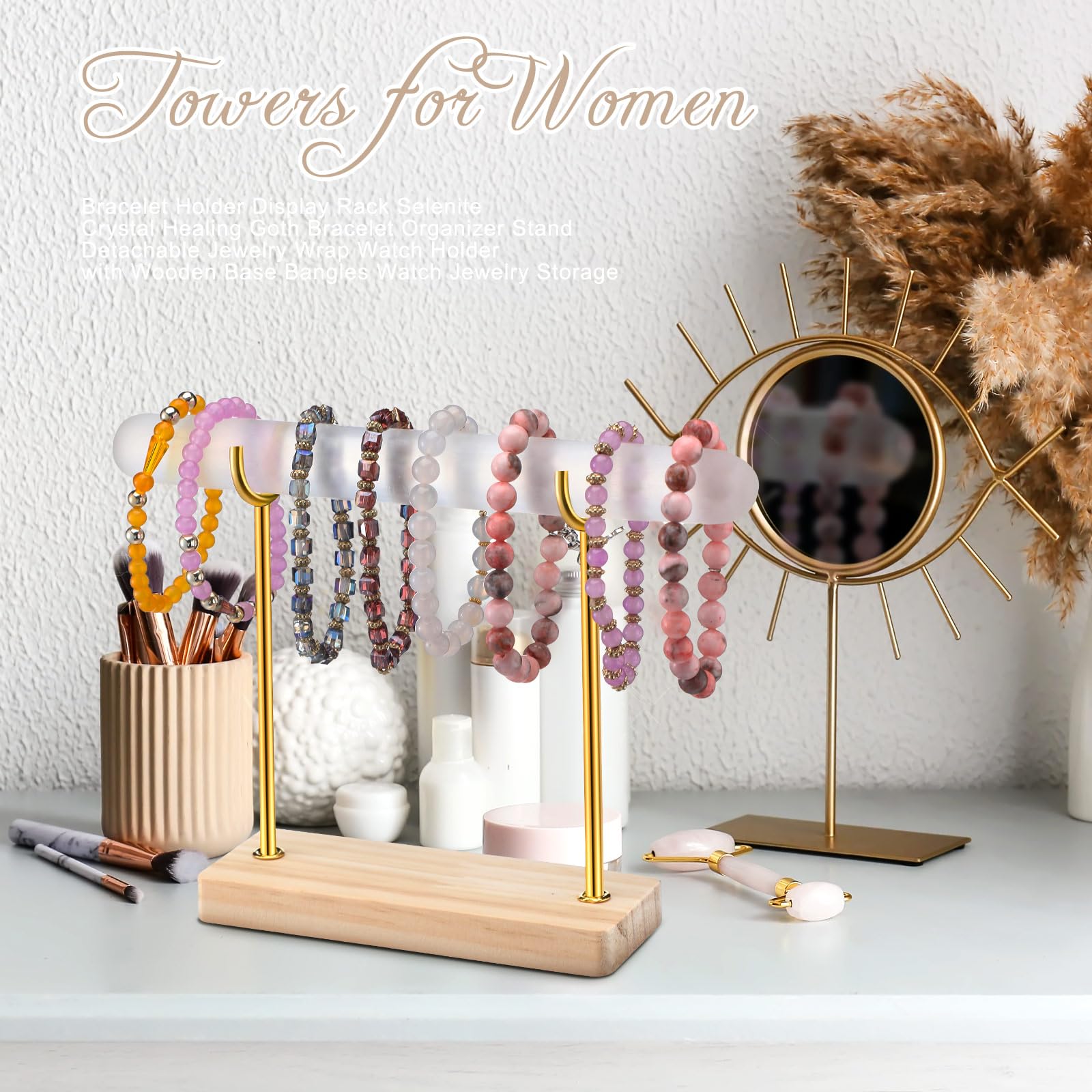 UNICRAFTALE Selenit Armreifhalter Gold - Schmuckdisplay Mit Holzsockel