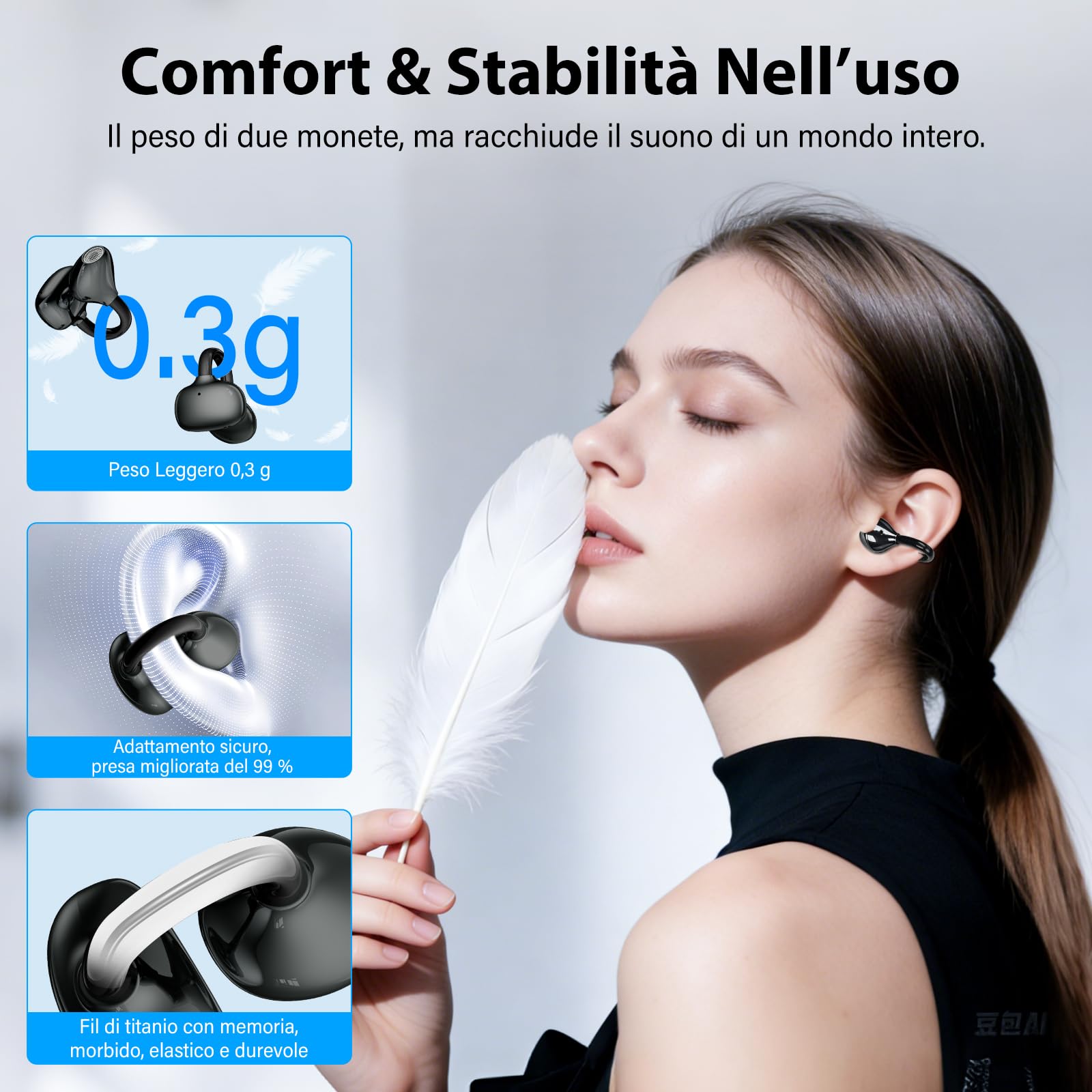 ROTRES Cuffie Sportive a Conduzione Ossea, Design Innovativo con Clip Auricolare per Corsa e Fitnes, Durata della Batteria di 80 Ore, Vestibilità Sicura, Resistenti All'acqua e Alla Polvere (Nero) - 2