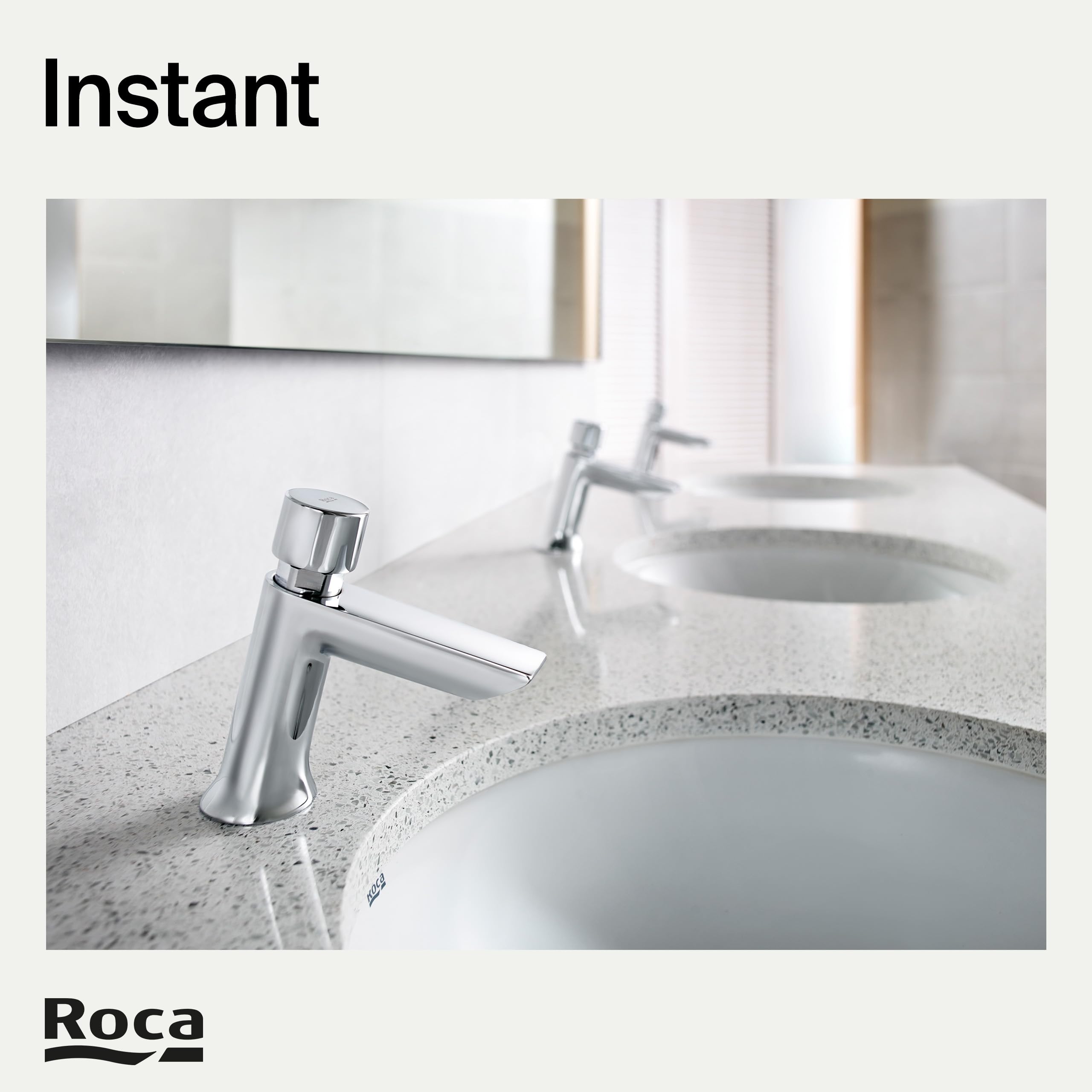 Roca Instant Grifería para lavabo temporizada, grifo monomando de repisa con pulsador, mezclador para cuarto de baño con limitador de caudal y cierre automático en 15 segundos, cromado, A5A4277C00