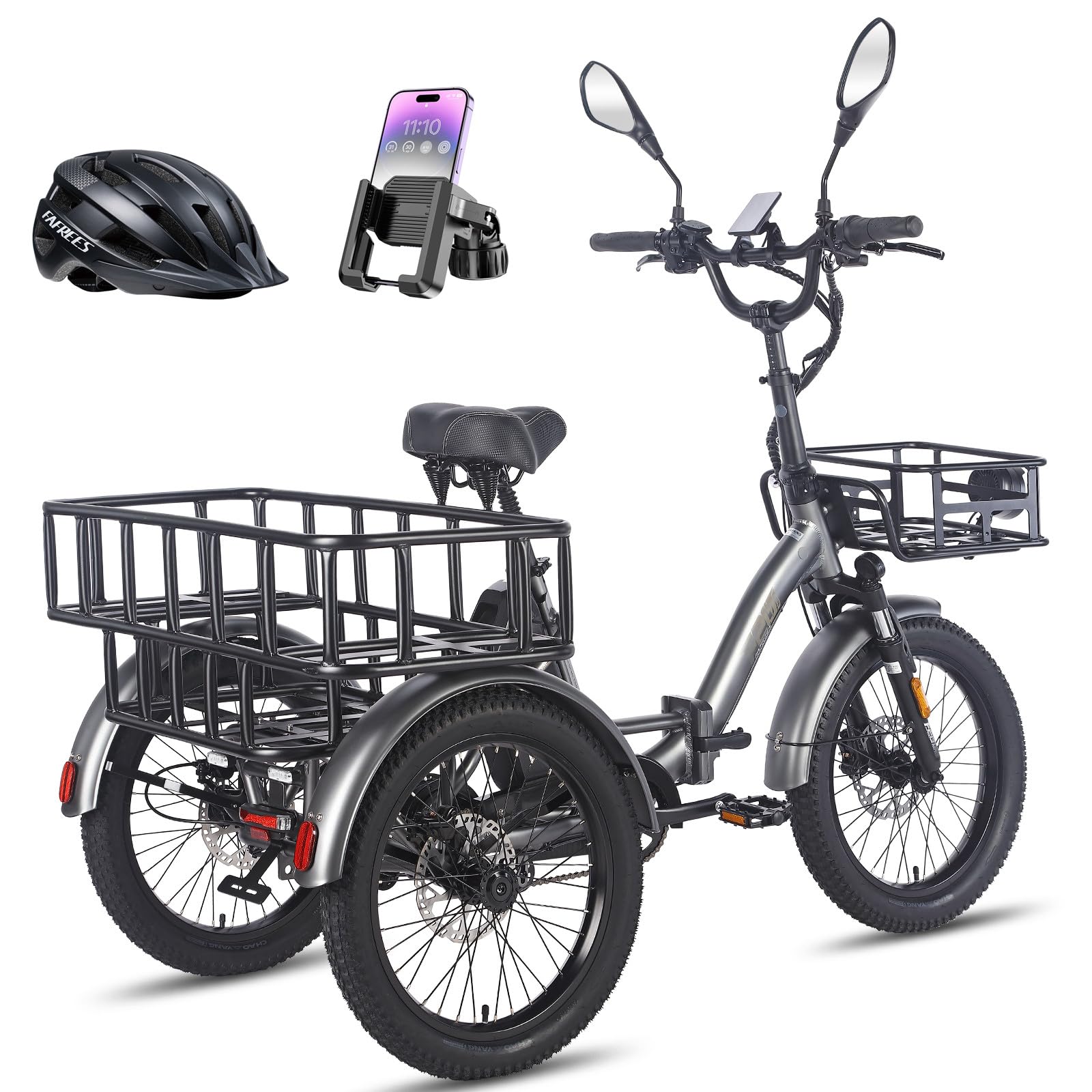 Fafrees F20 MATE - Triciclo Elettrico per Adulti Pieghevole con 75km Autonomia, Motore 65N.m e Freni Idraulici - Bici Elettrica 3 Ruote per Uomo Donna (NERO+post.allarg+cest.ant)